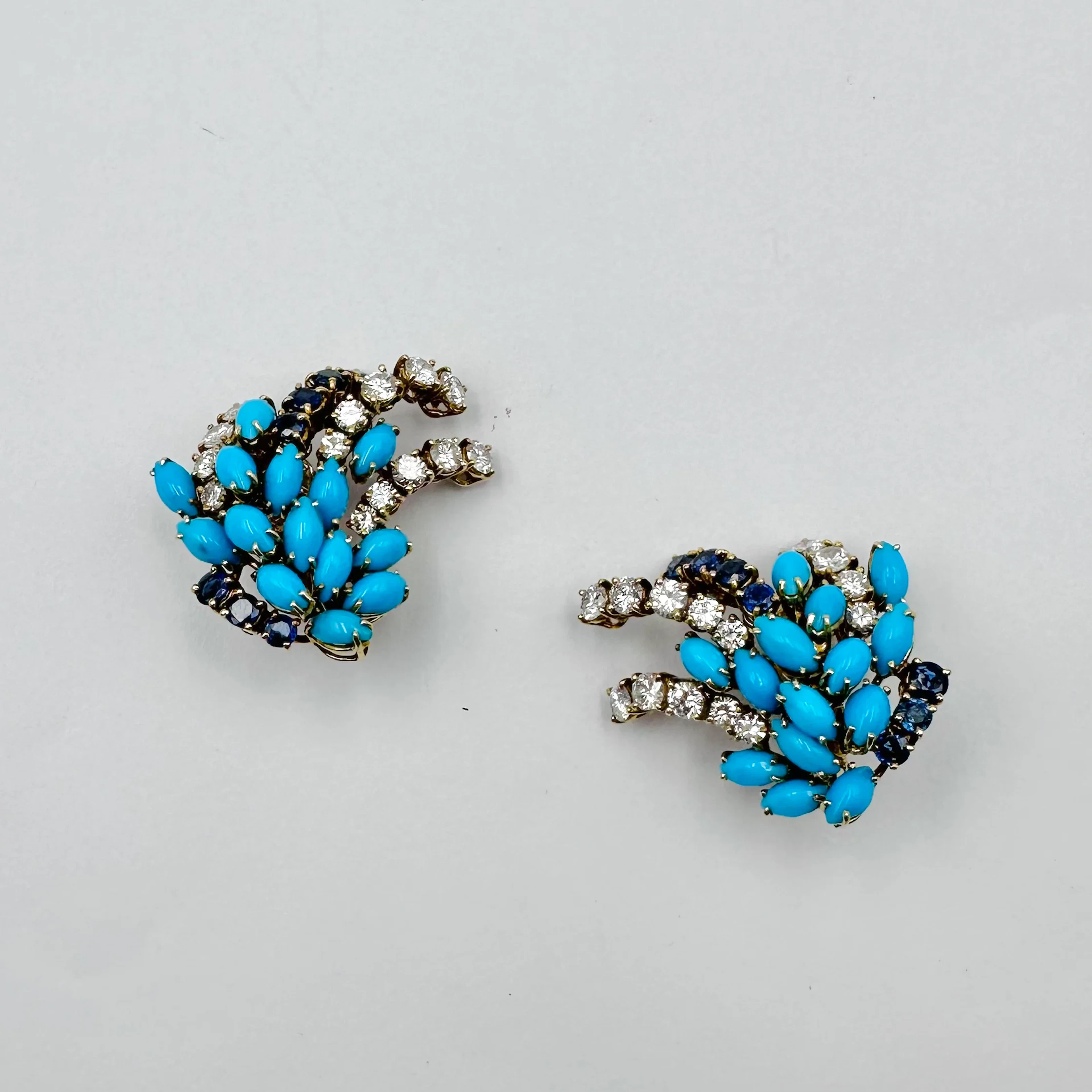 BOUCHERON Yellow Gold Clip-On Earrings with Turquoises, Sapphires, and Diamonds