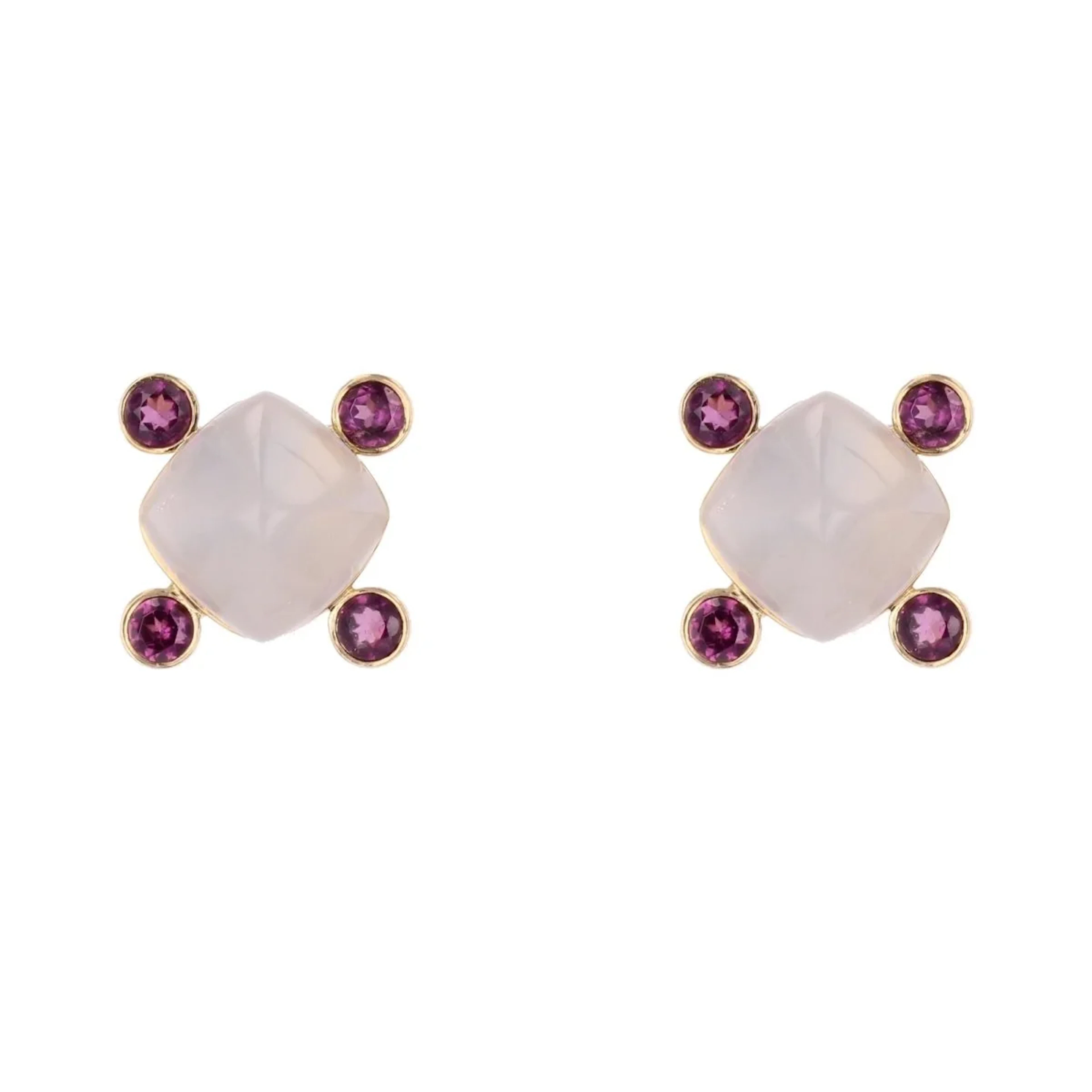 Stud earrings in yellow gold, chalcedony and garnets