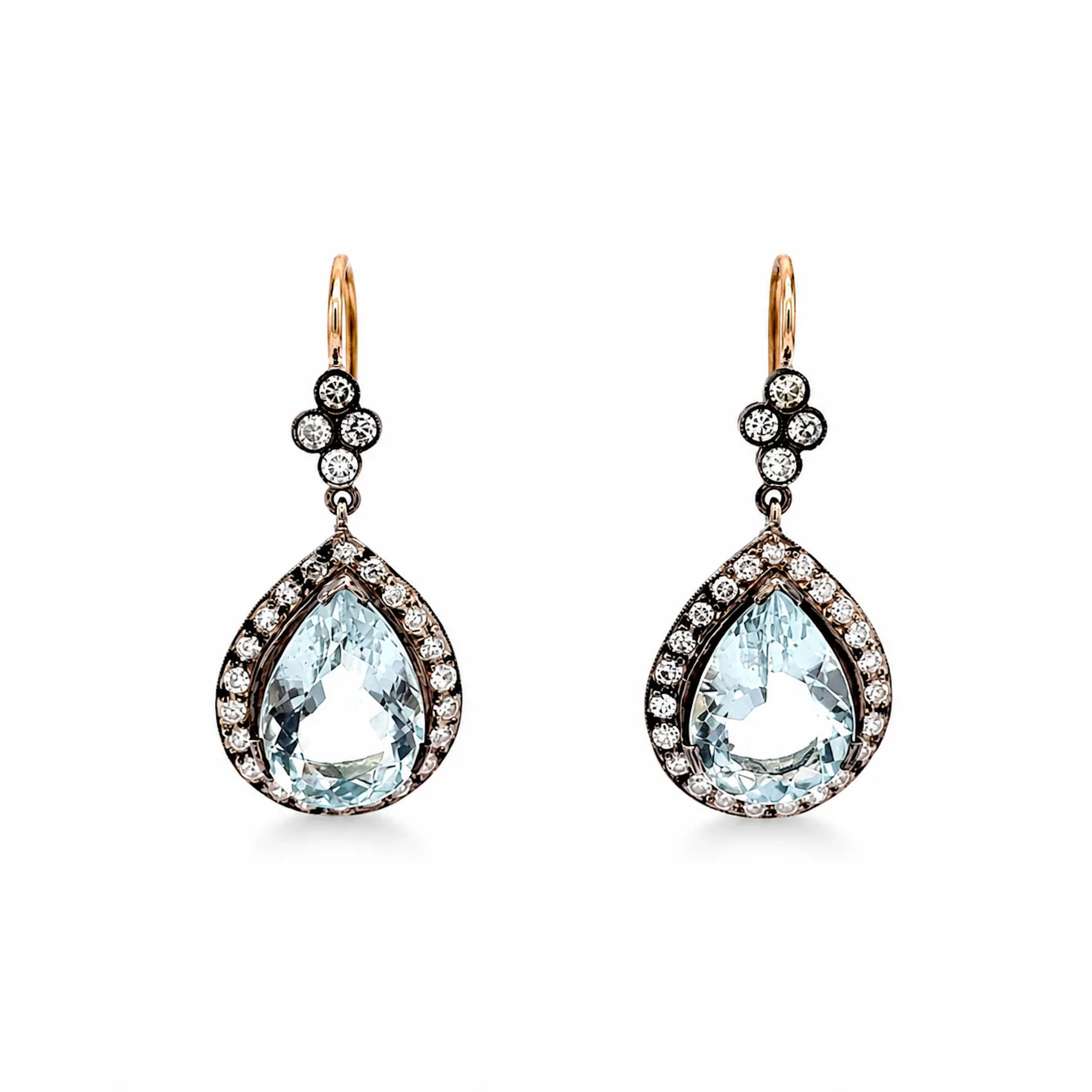 Dangle Earrings in Yellow Gold, Silver, Aquamarines, and Diamonds