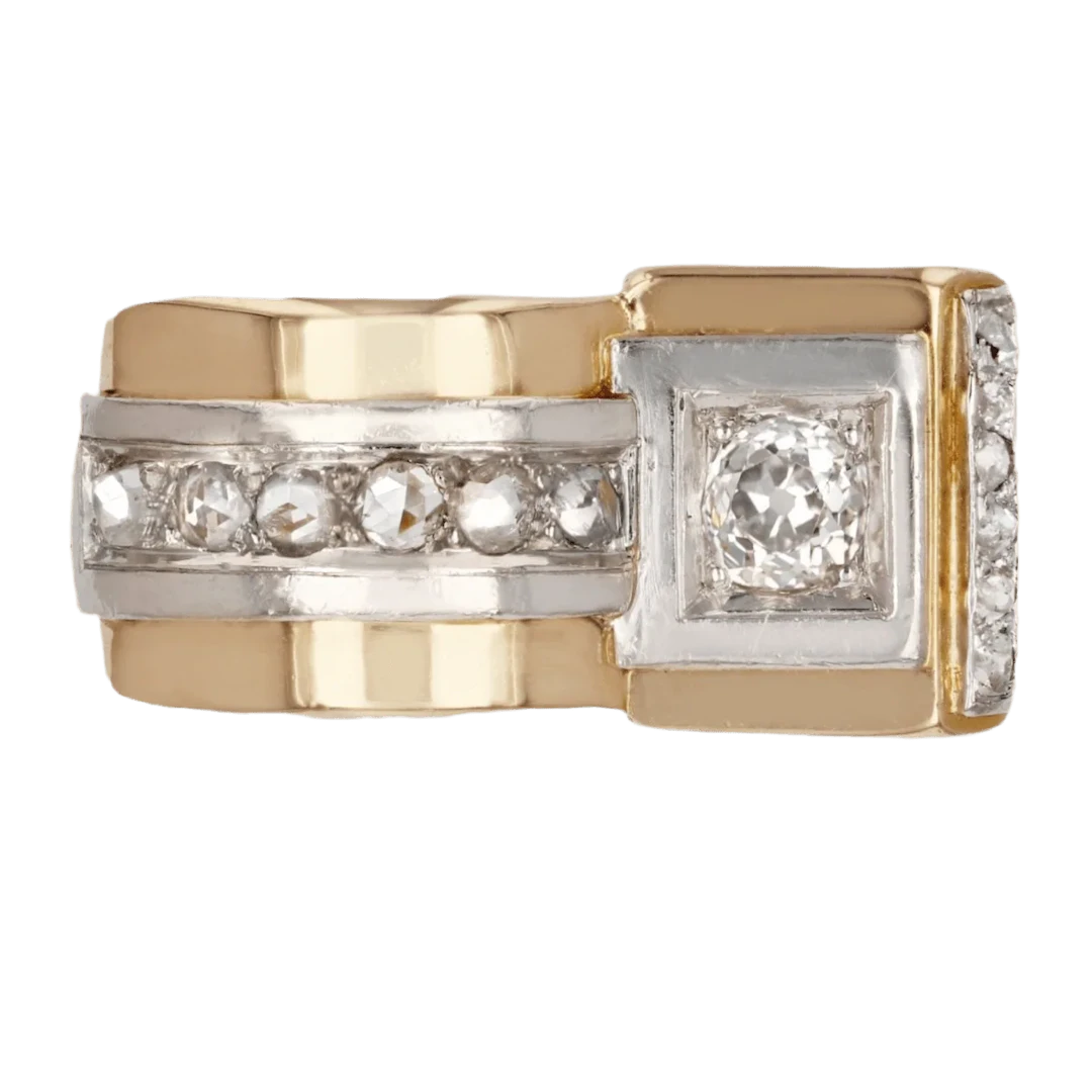 Tank ring in pink gold, platinum and diamonds