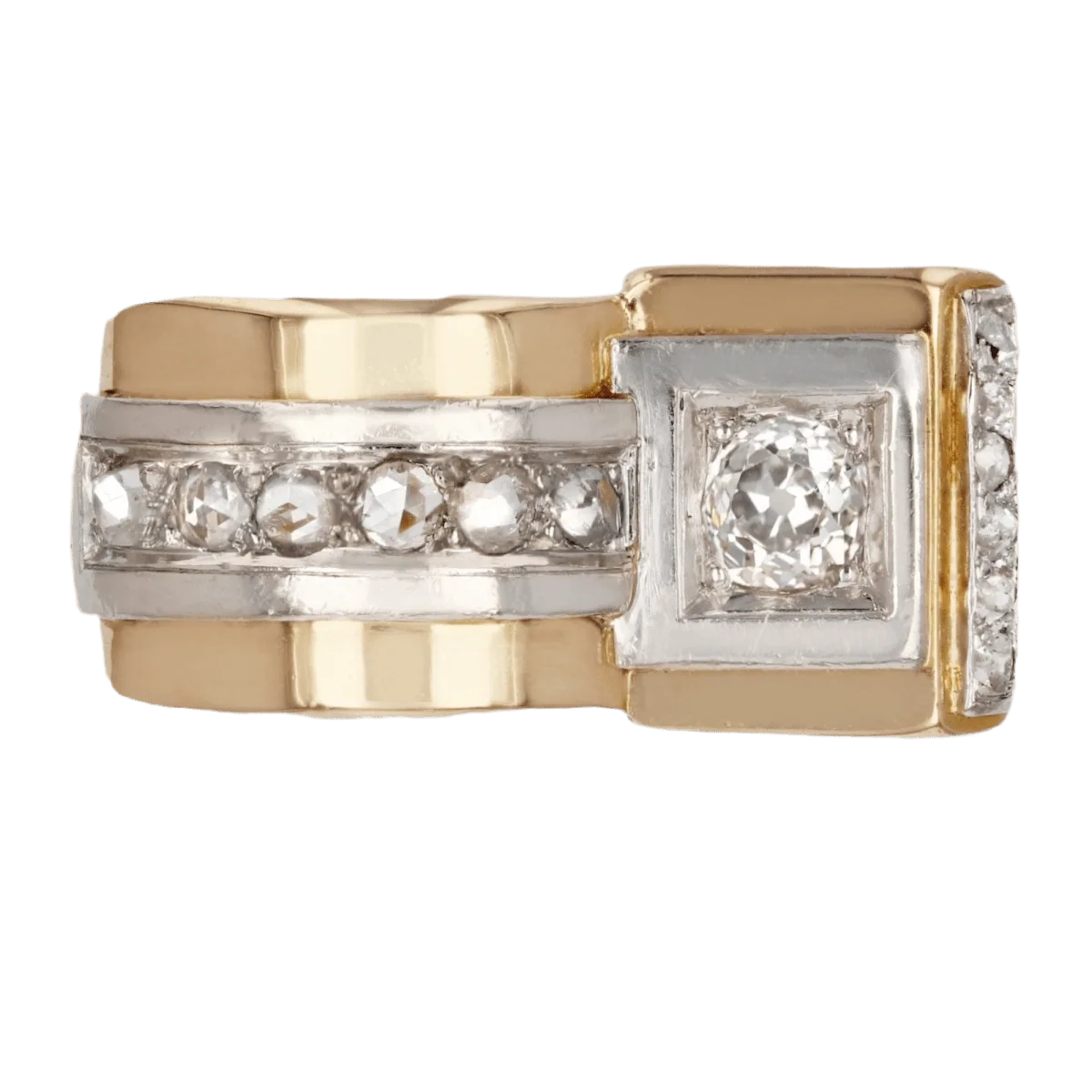 Tank ring in pink gold, platinum and diamonds