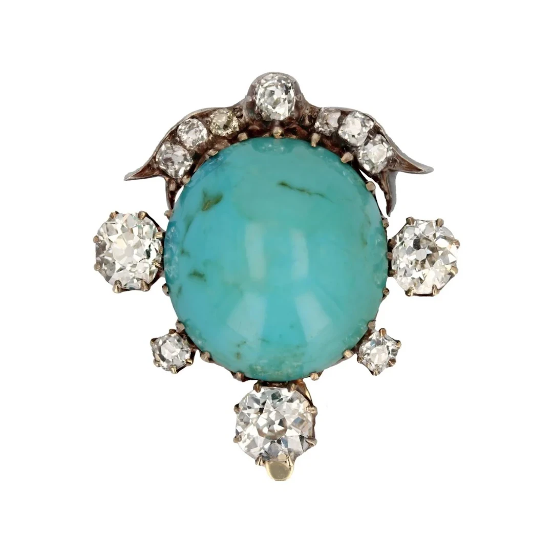 Brooch Clip in yellow gold, silver, turquoise and diamonds