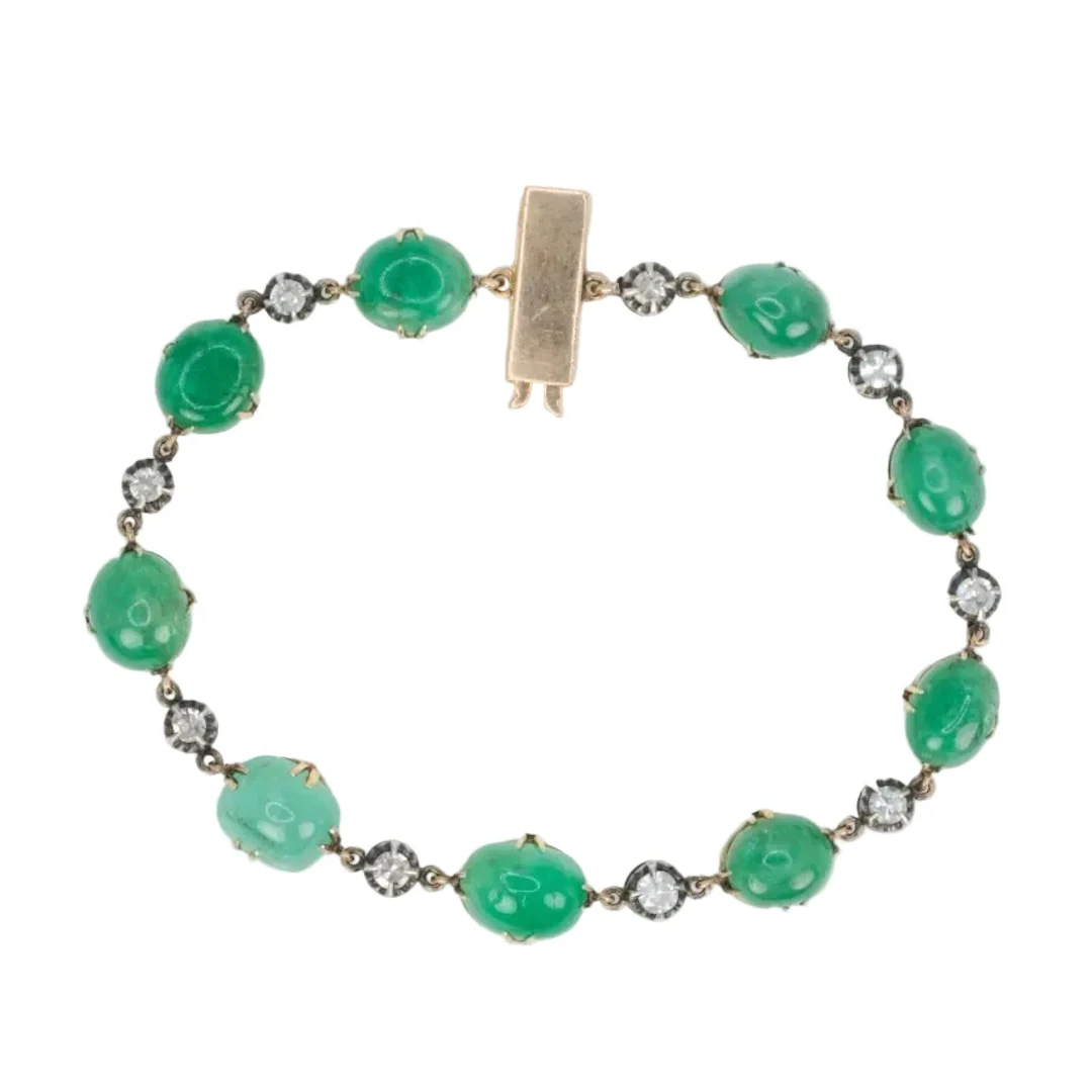 Bracelet ancien cabochons d'émeraudes or jaune diamants