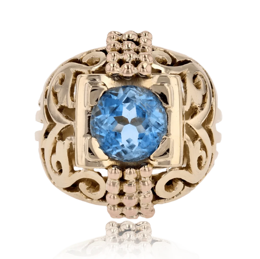 Dome ring in yellow gold, aquamarine and pearls
