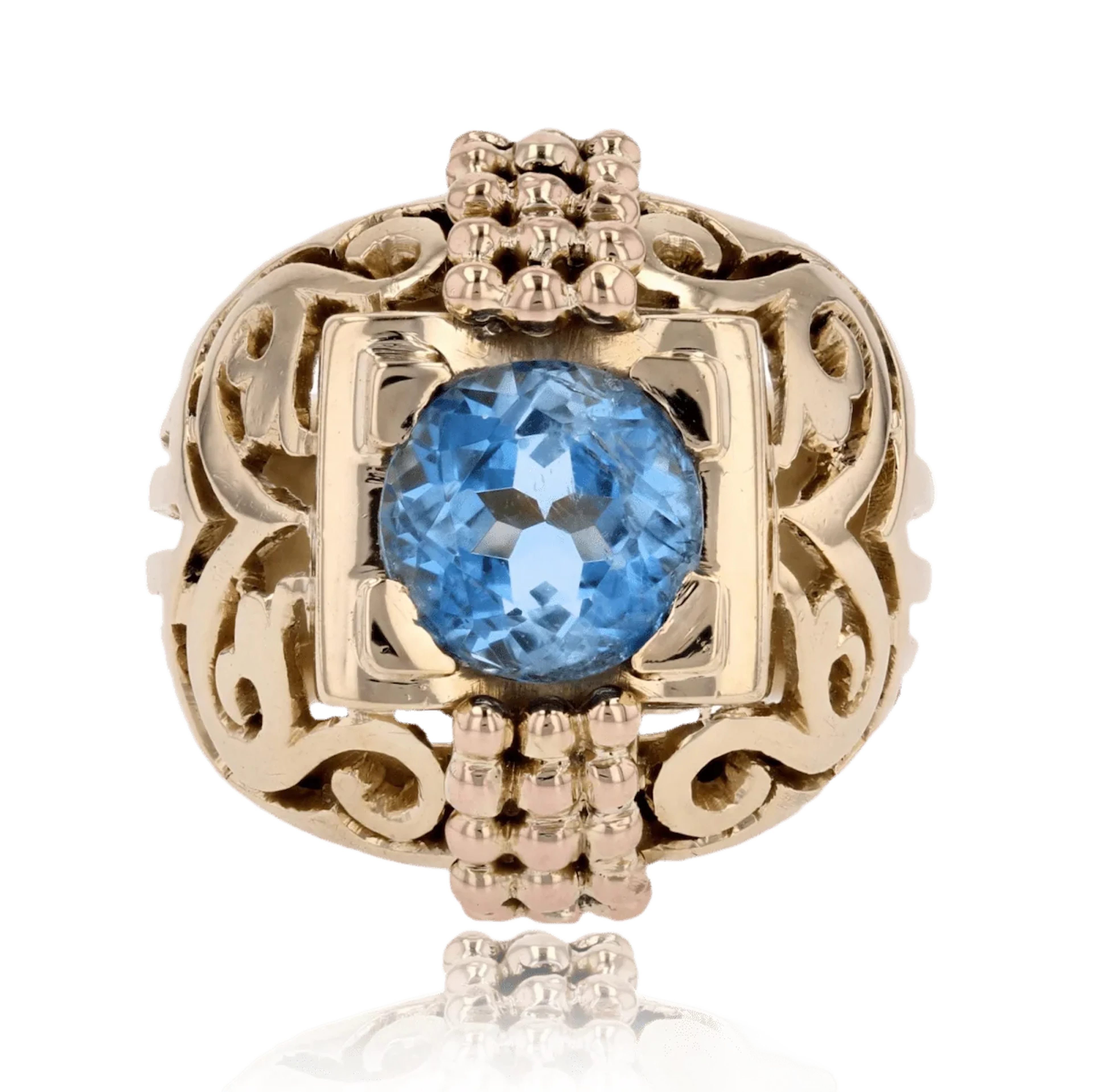 Dome ring in yellow gold, aquamarine and pearls