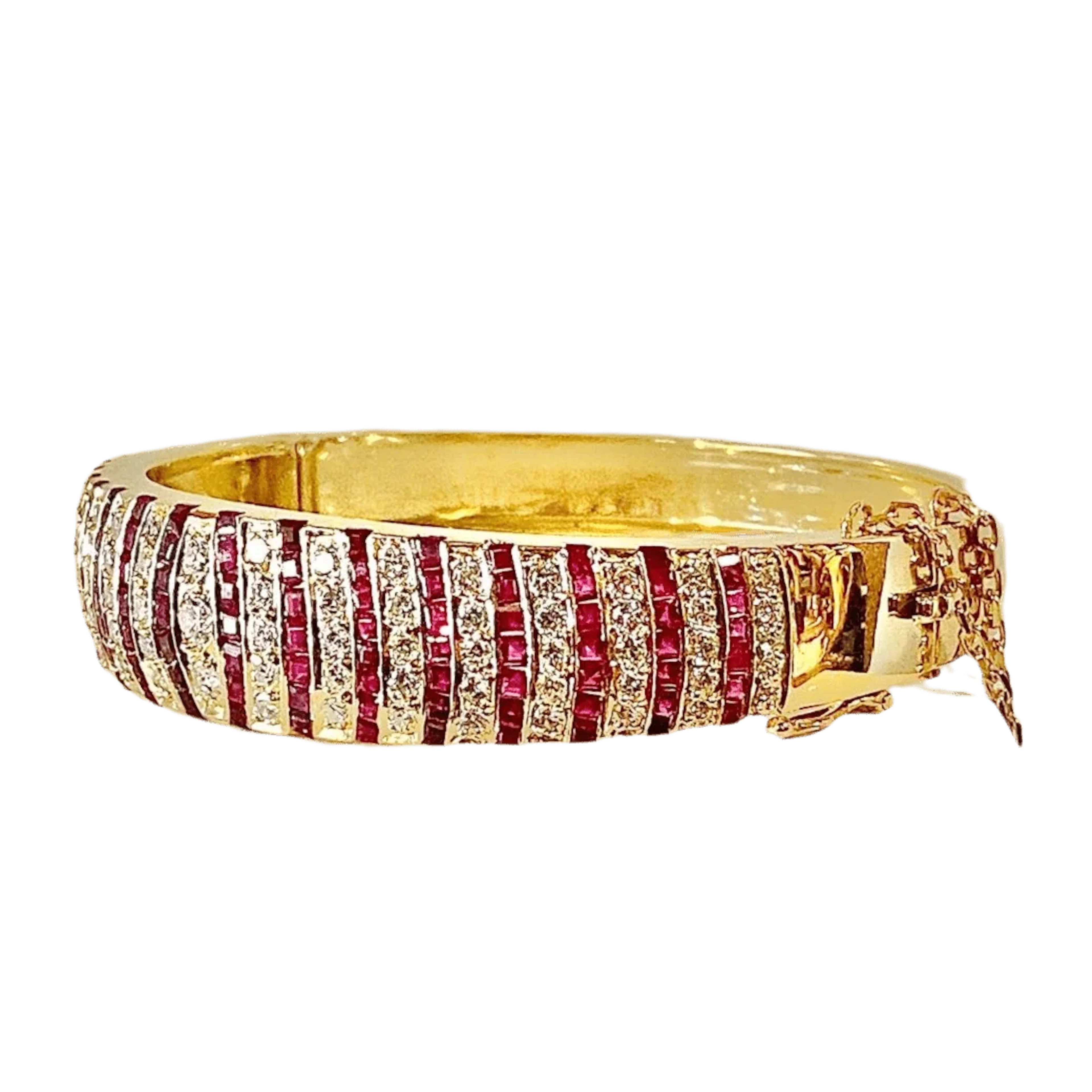 Bracelet rush in yellow gold 18 carats, rubies and diamonds