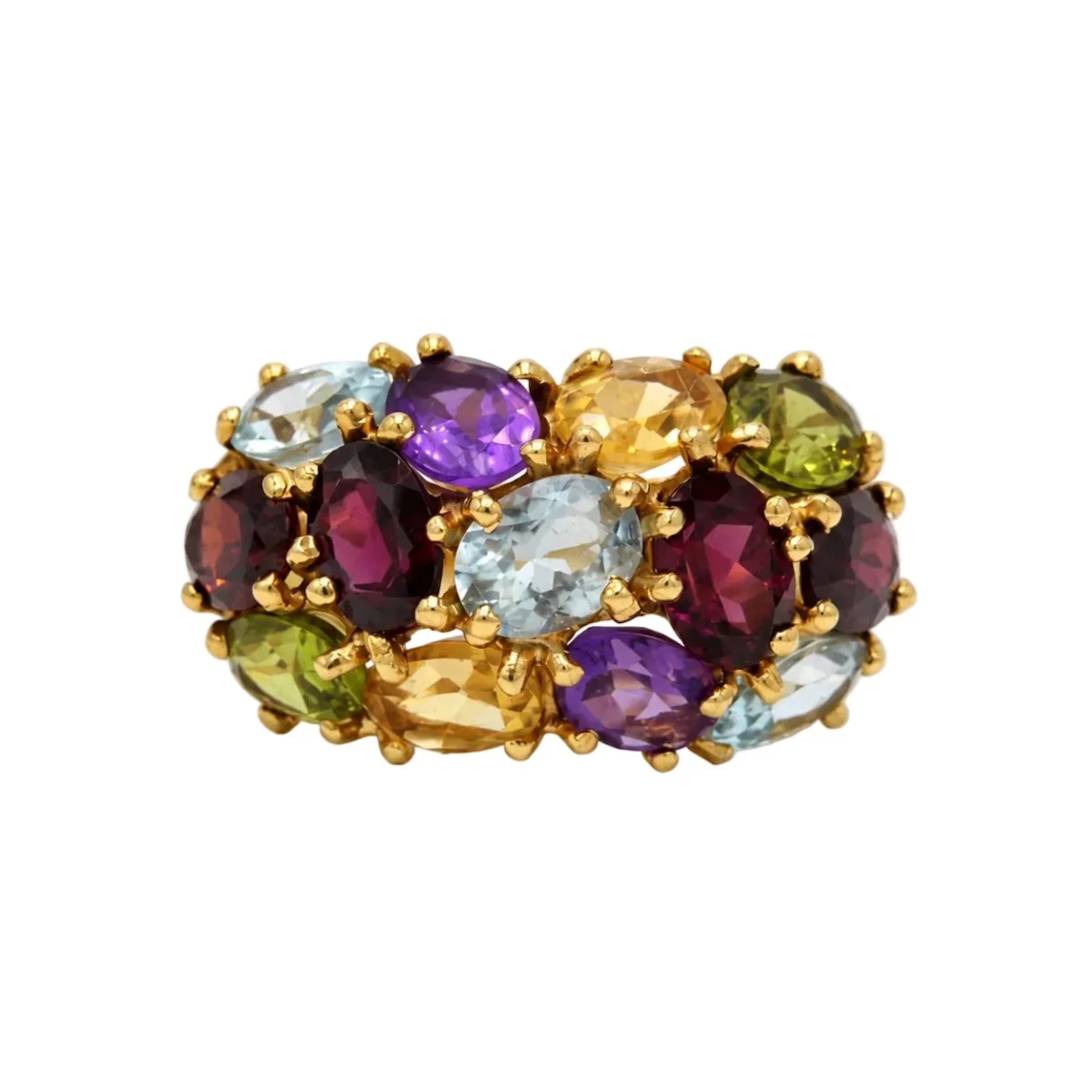 Bague Cocktail en or jaune, aigue-marine, grenats, améthystes, péridots