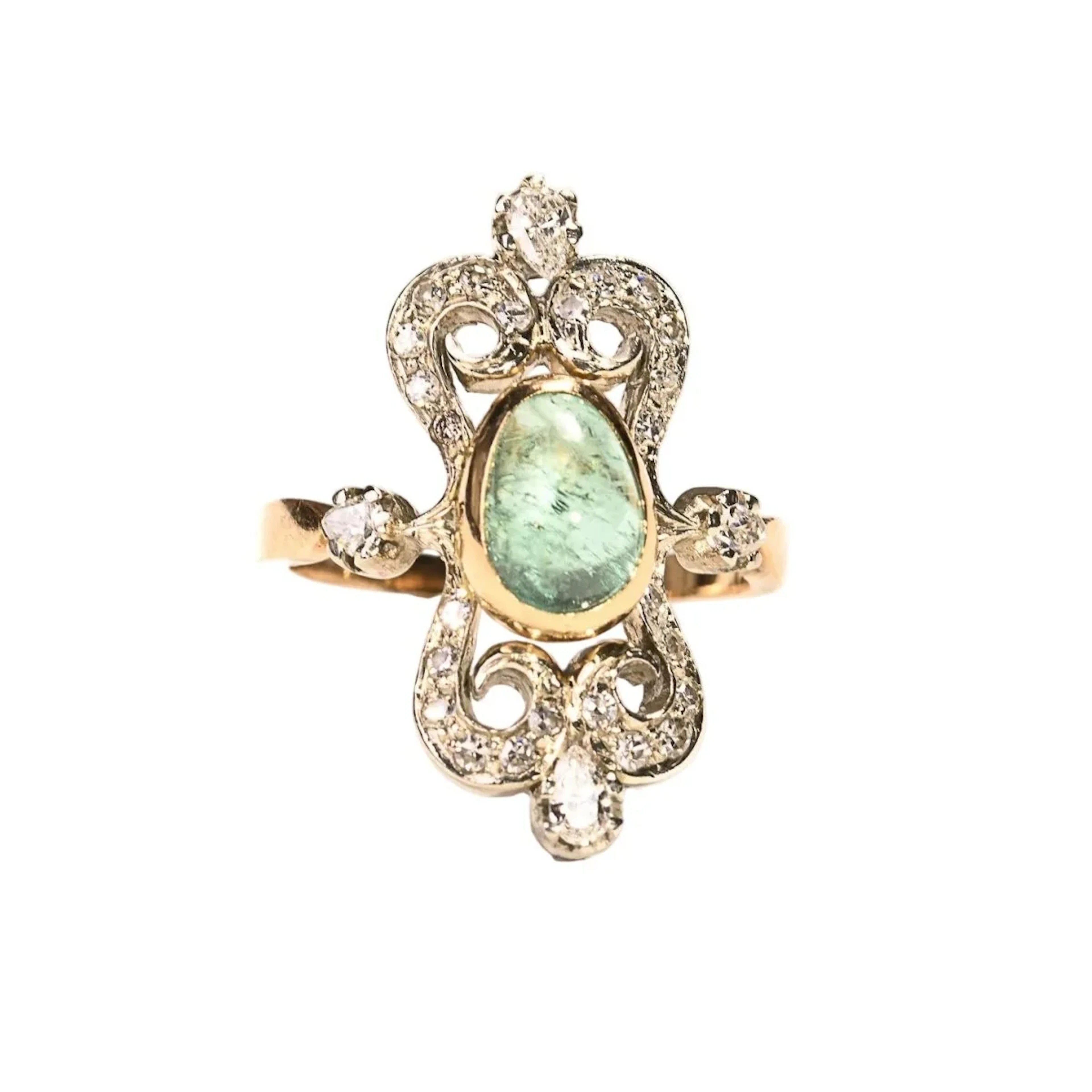 Pink gold, platinum, emerald and diamond ring