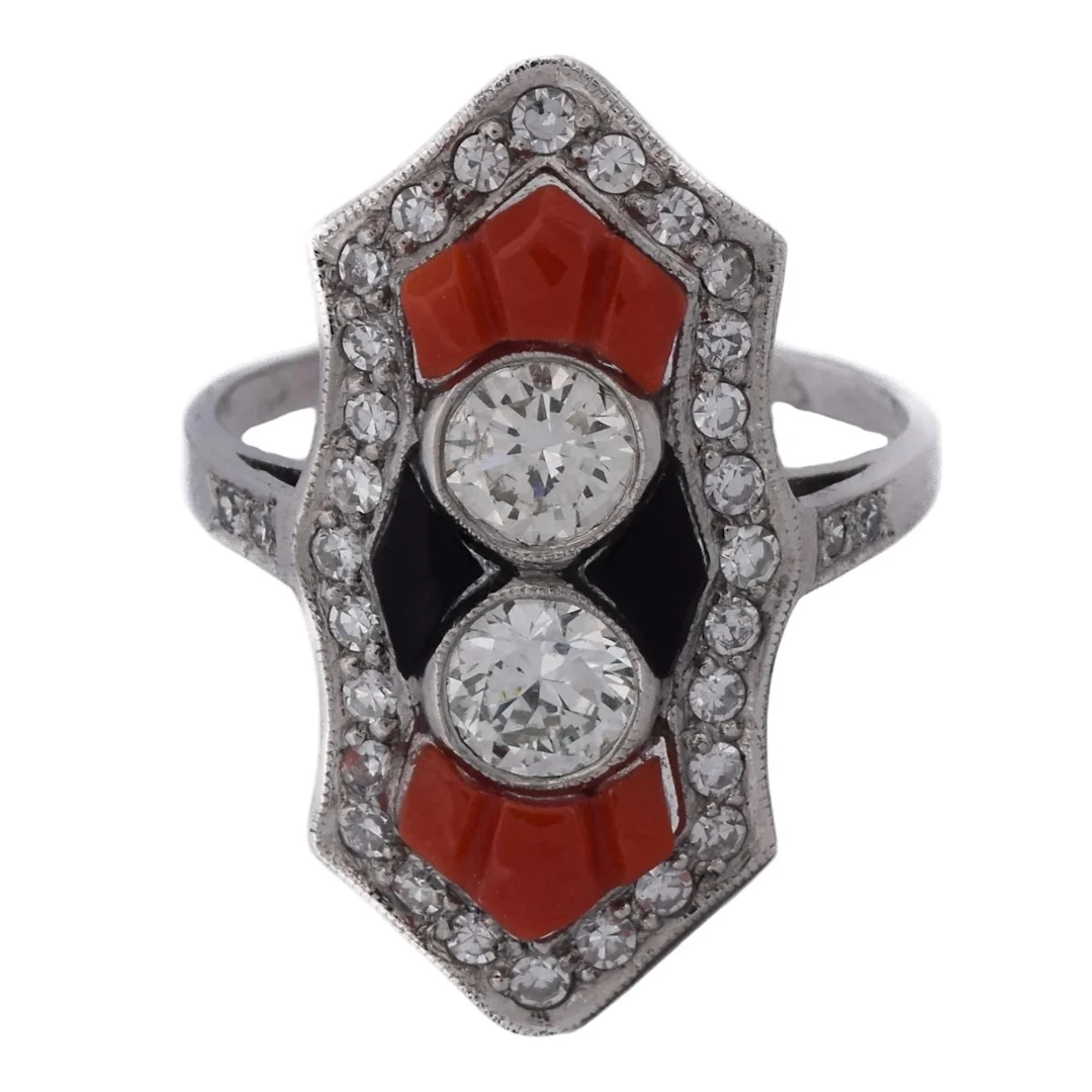 Platinum, Coral, Onyx and Diamonds Ring
