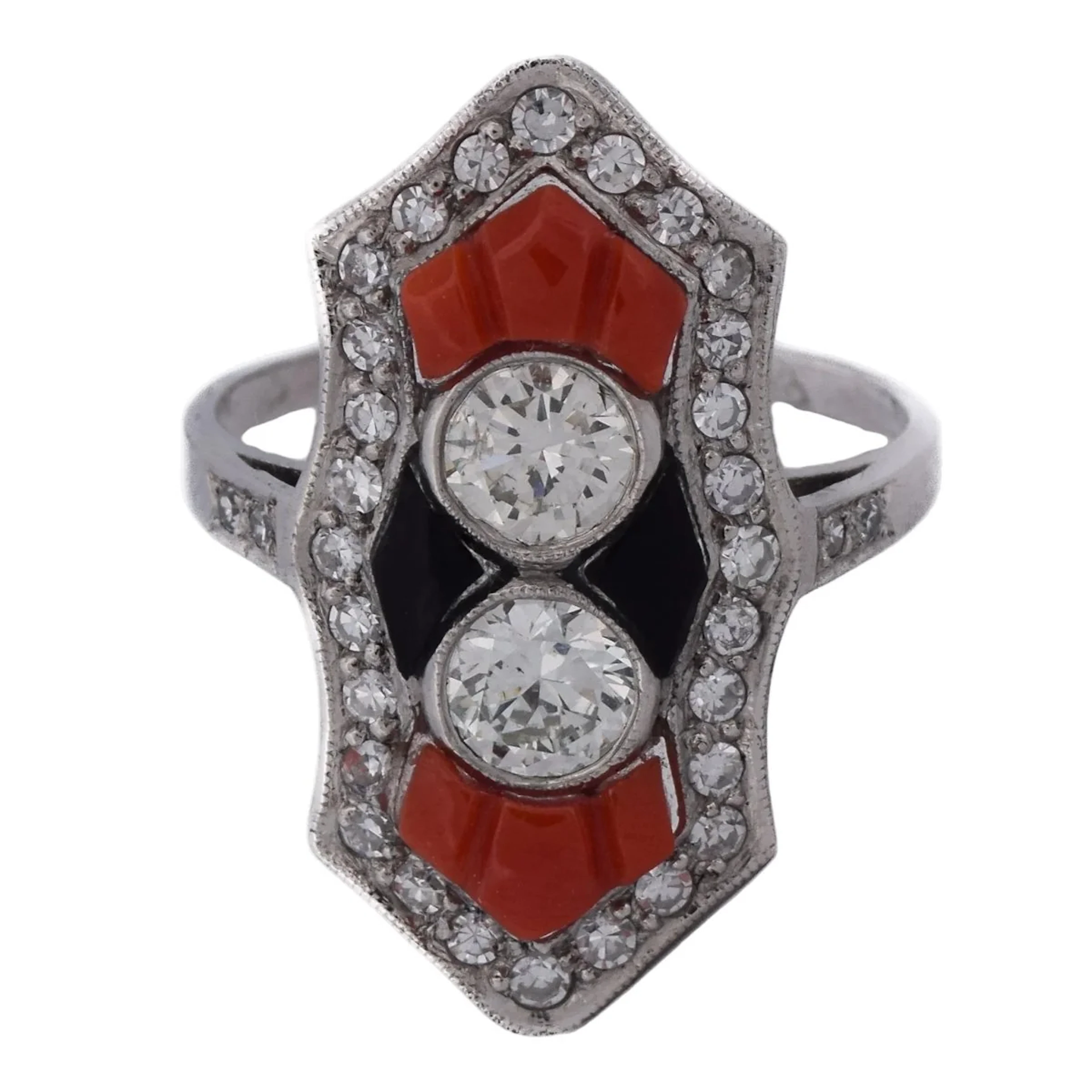 Platinum, Coral, Onyx and Diamonds Ring