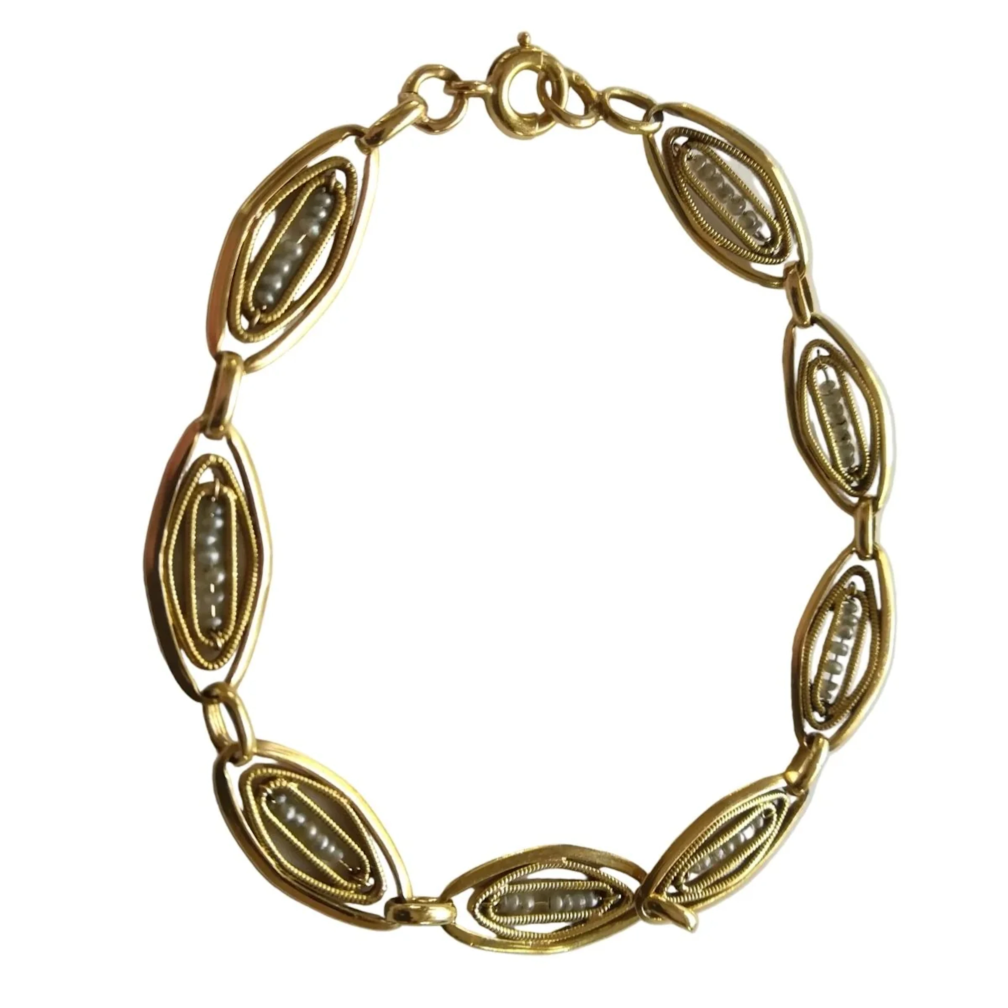 Yellow Gold Link Bracelet and Pearl Bracelet
