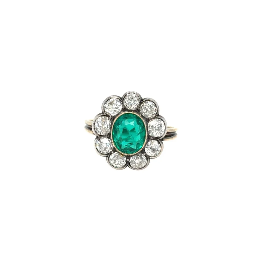 Late 19th century Ring gold cluster/silver with emerald and diamond