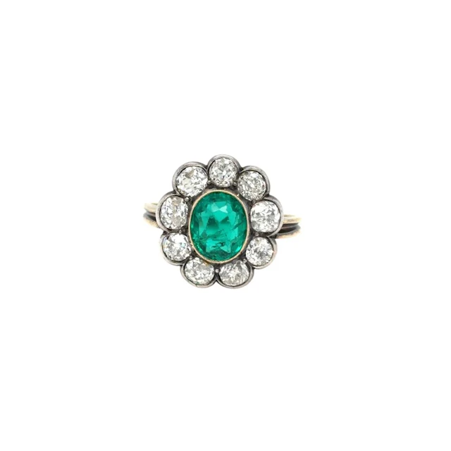 Late 19th century 2.00 Carat Emerald Diamond Gold/Silver Cluster Ring