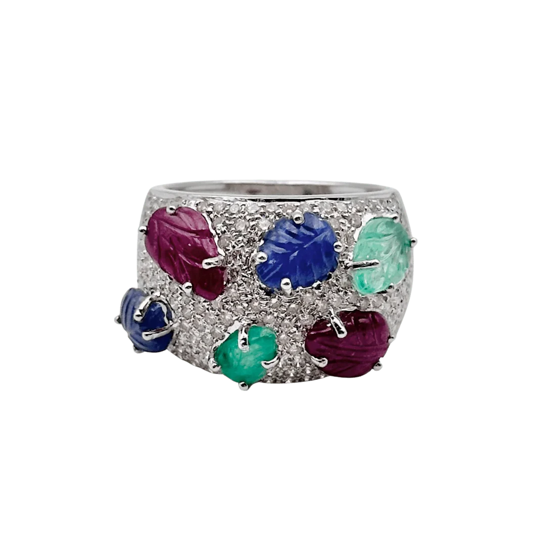 Band ring in white gold, emeralds, rubies, sapphires and diamonds