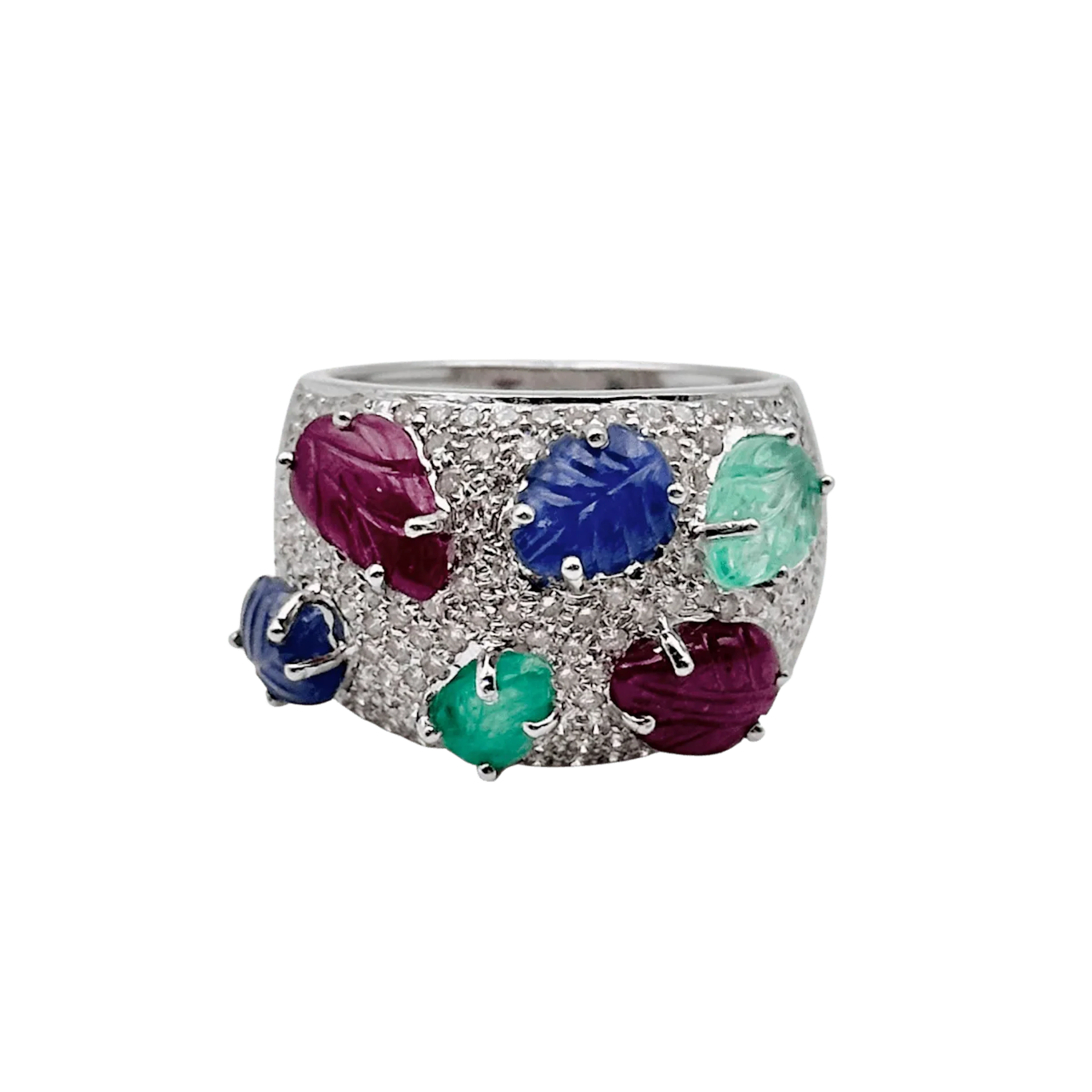 Band ring in white gold, emeralds, rubies, sapphires and diamonds