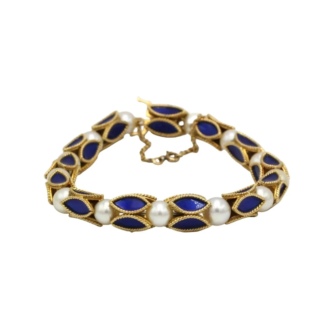 Yellow gold, enamel and pearl bracelet