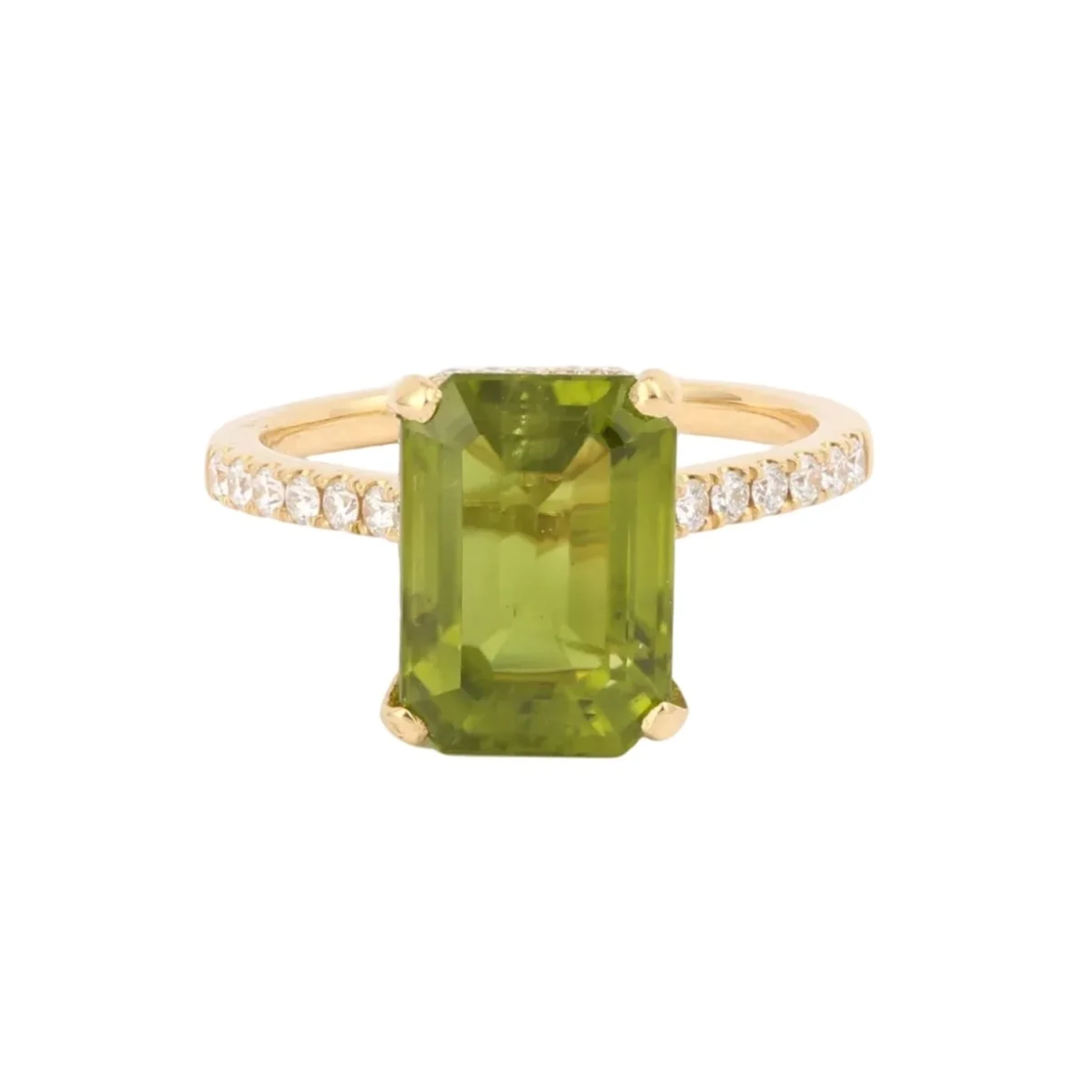 Solitaire ring in yellow gold, peridot and diamonds