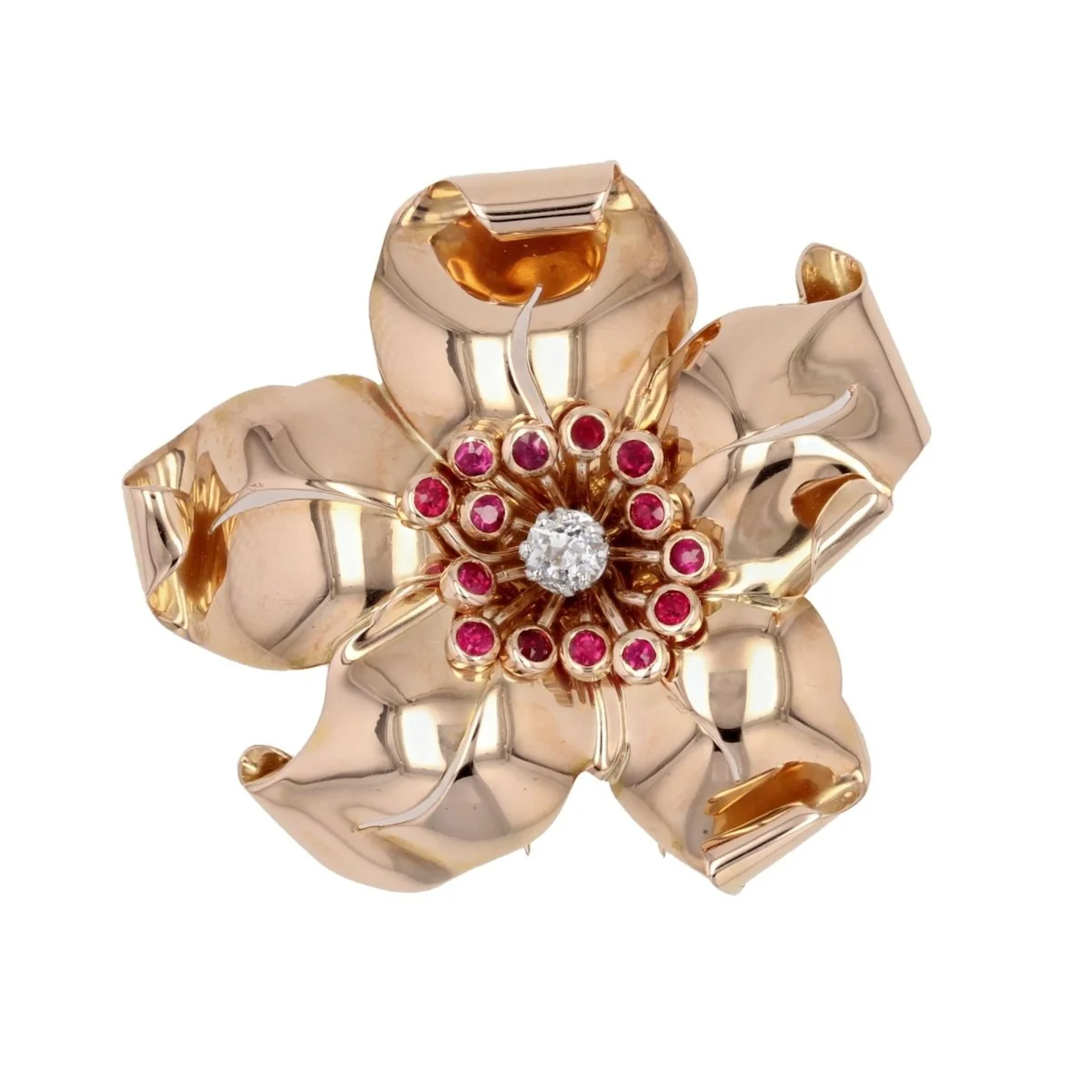 Brooch Pin in rose gold, ruby and diamond