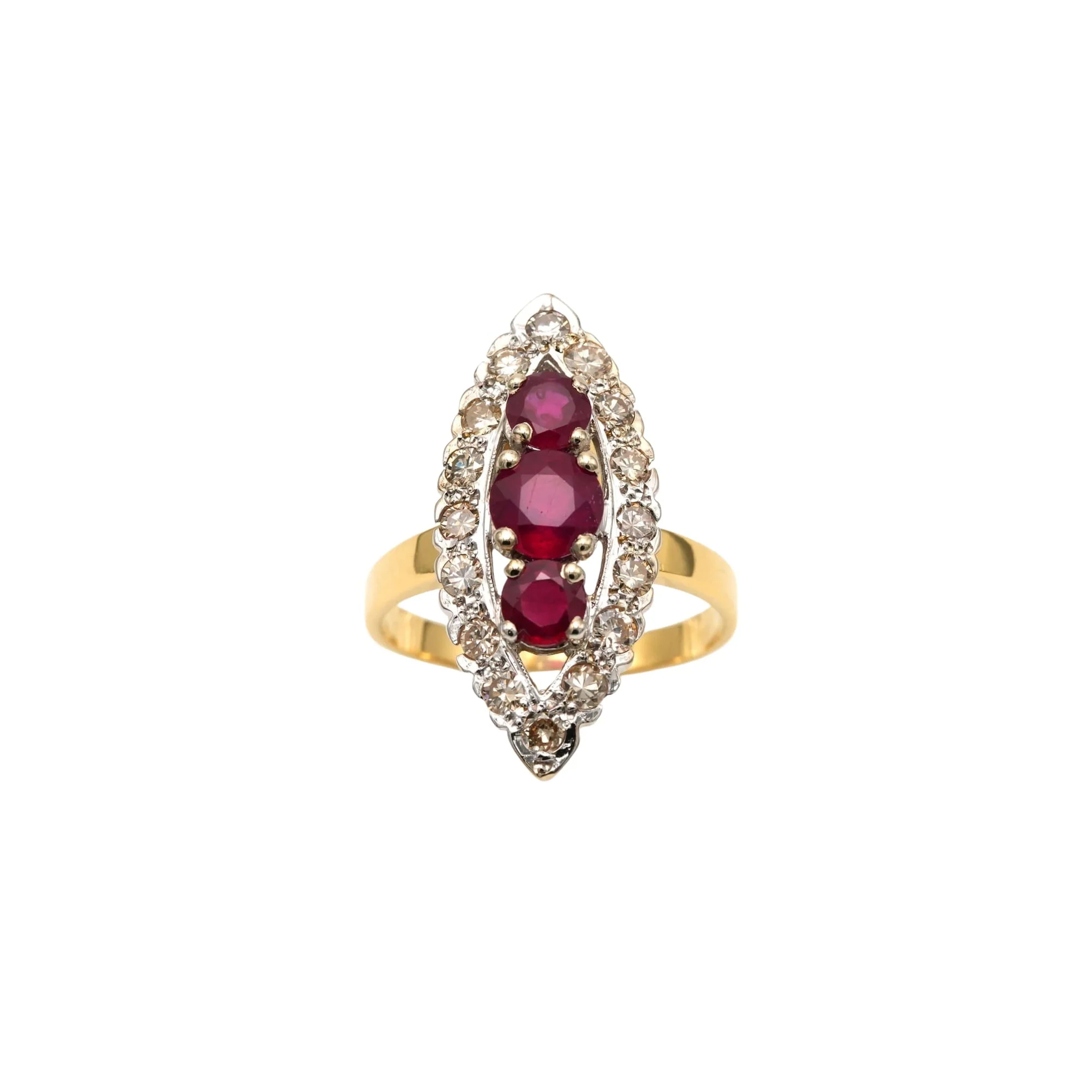 Marquise Ring in White Gold, Yellow Gold, Rubies, and Diamonds