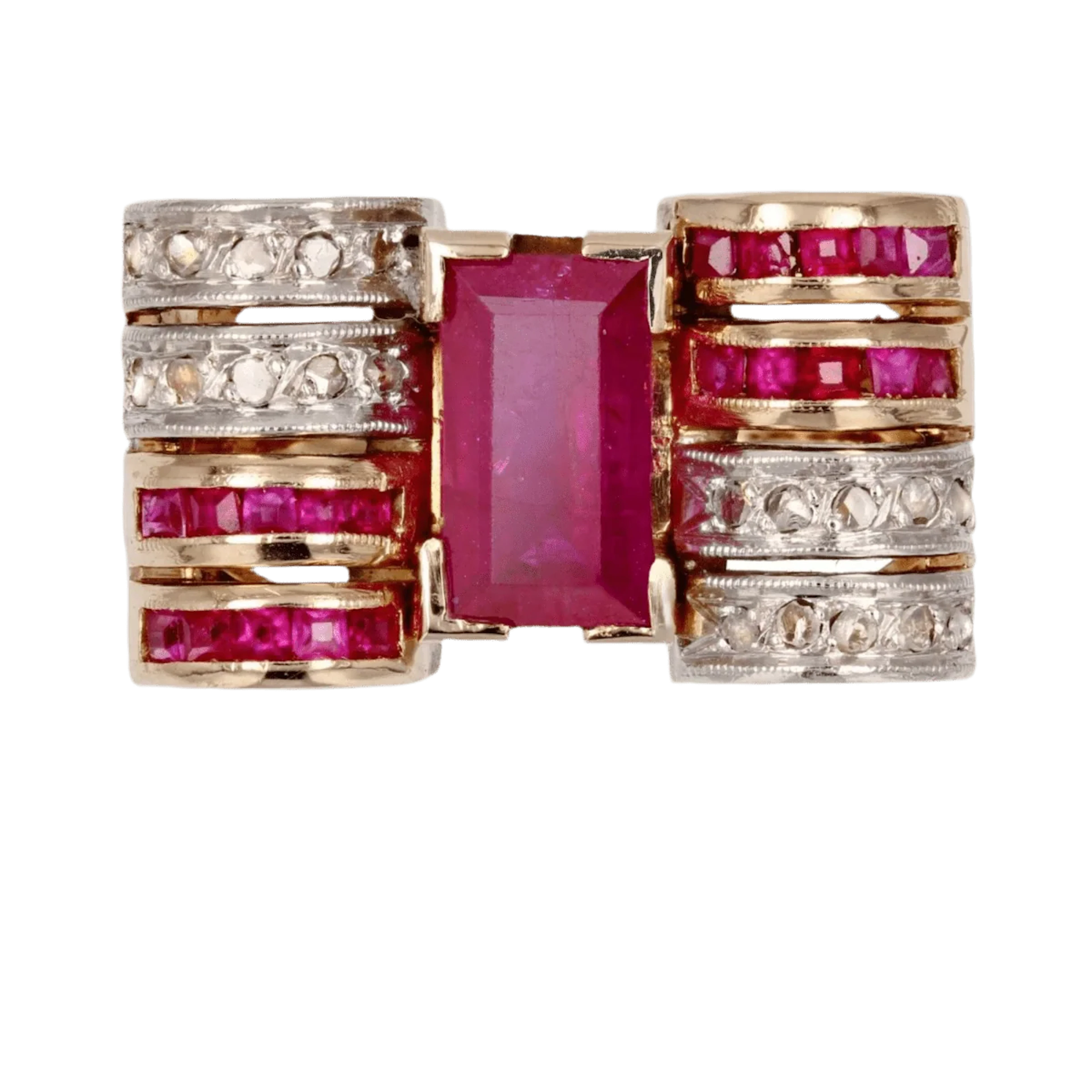 Tank ring in yellow gold, platinum, rubies and diamonds