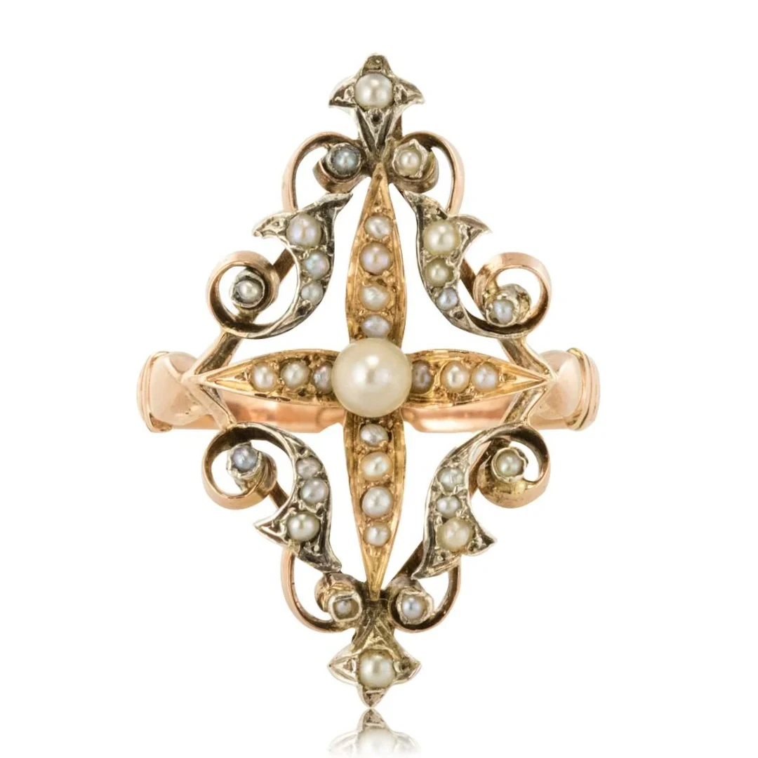 Marquise ring in rose gold, silver and pearls