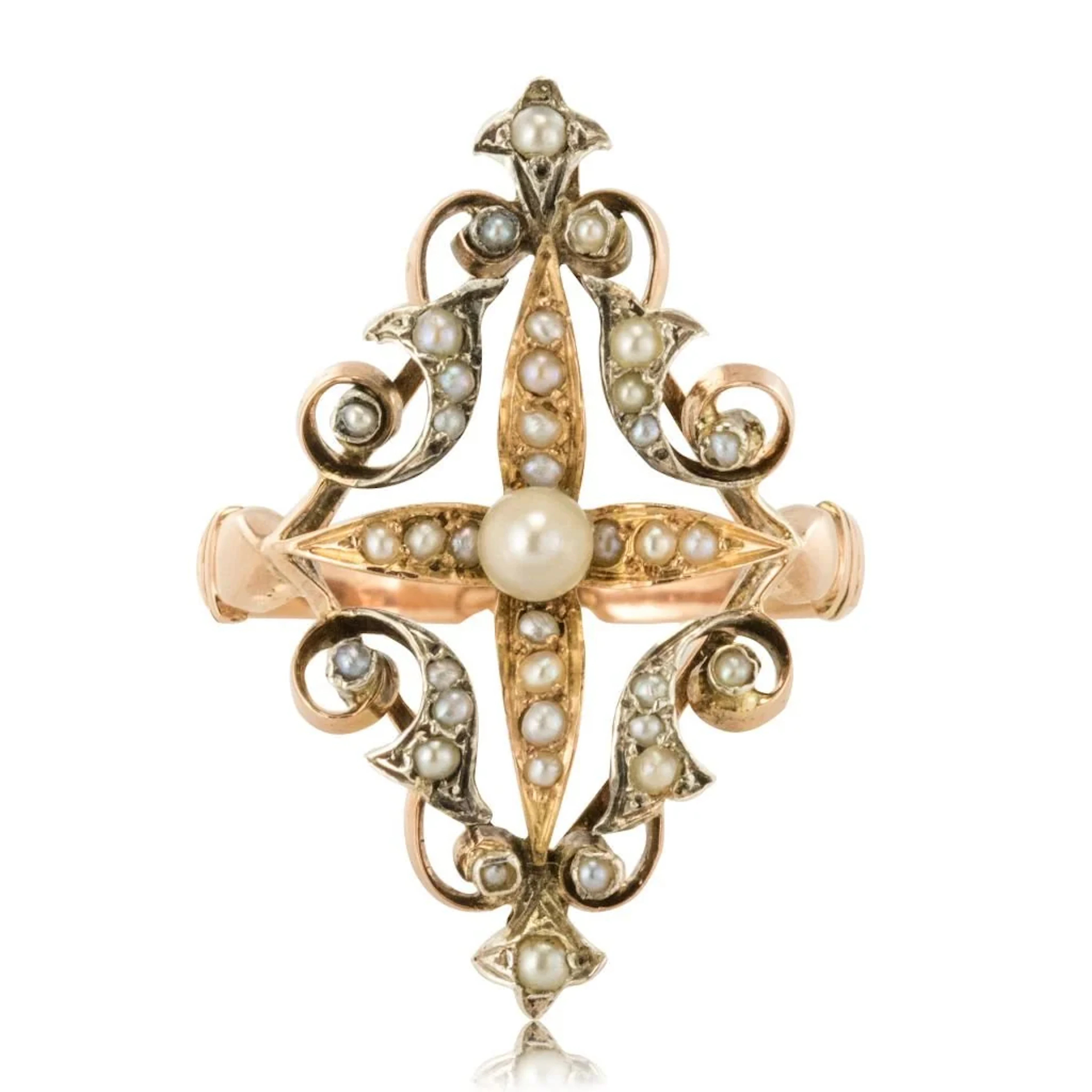 Marquise ring in rose gold, silver and pearls
