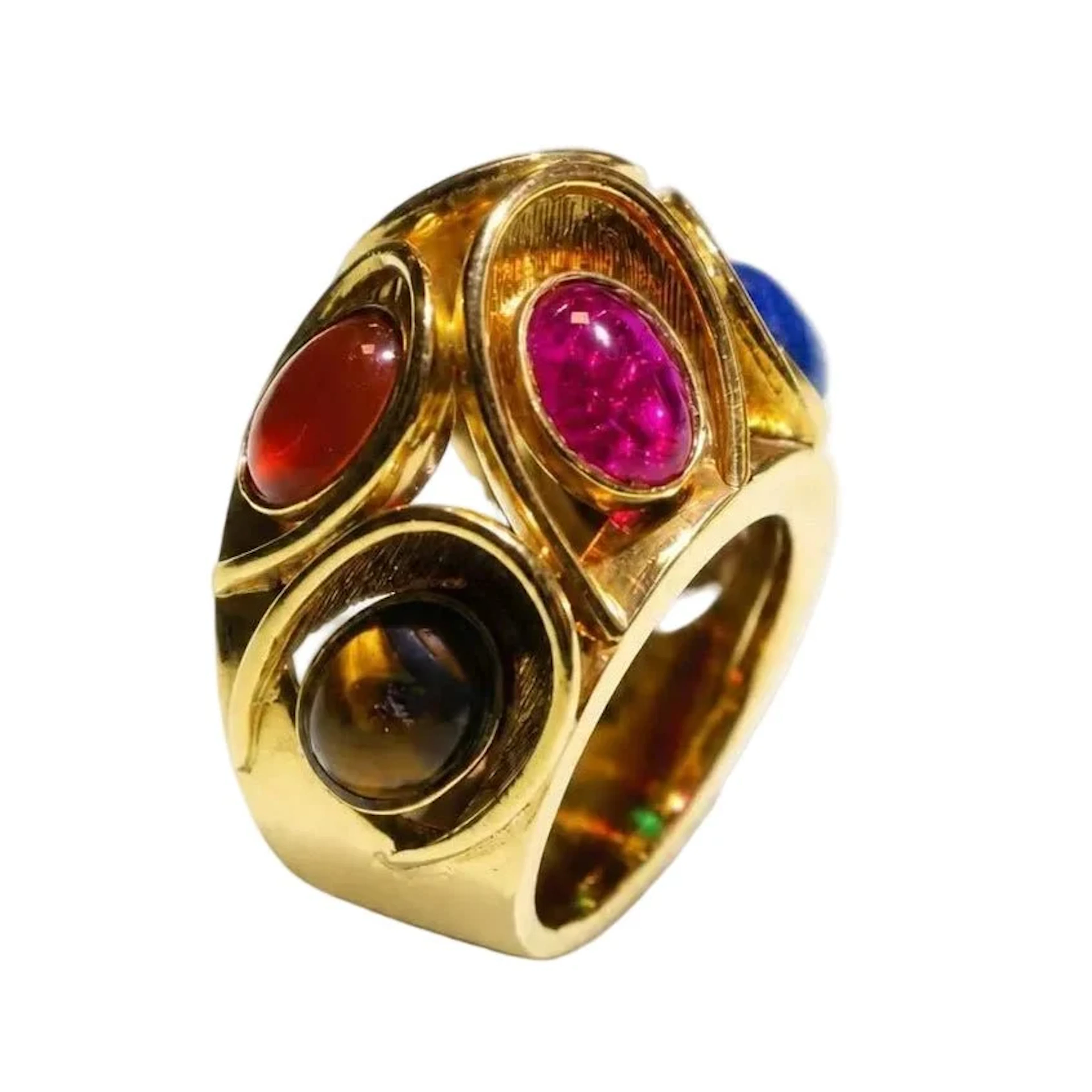 Yellow Gold Dome Ring with Tiger's Eye, Chrysoprase, Tourmaline, Lapis