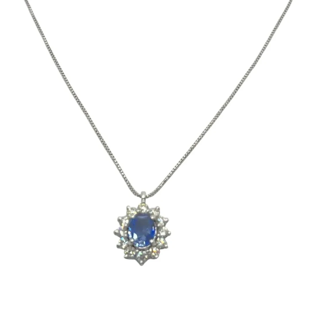 White Gold Necklace with Sapphire and Diamond Pendant
