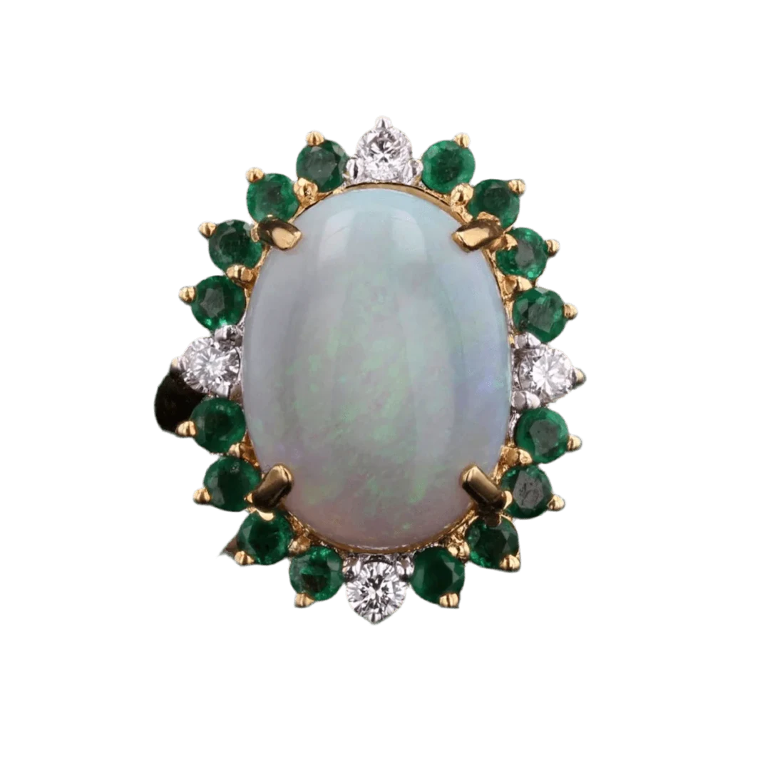 Entourage ring in yellow gold, opal, emeralds and diamonds