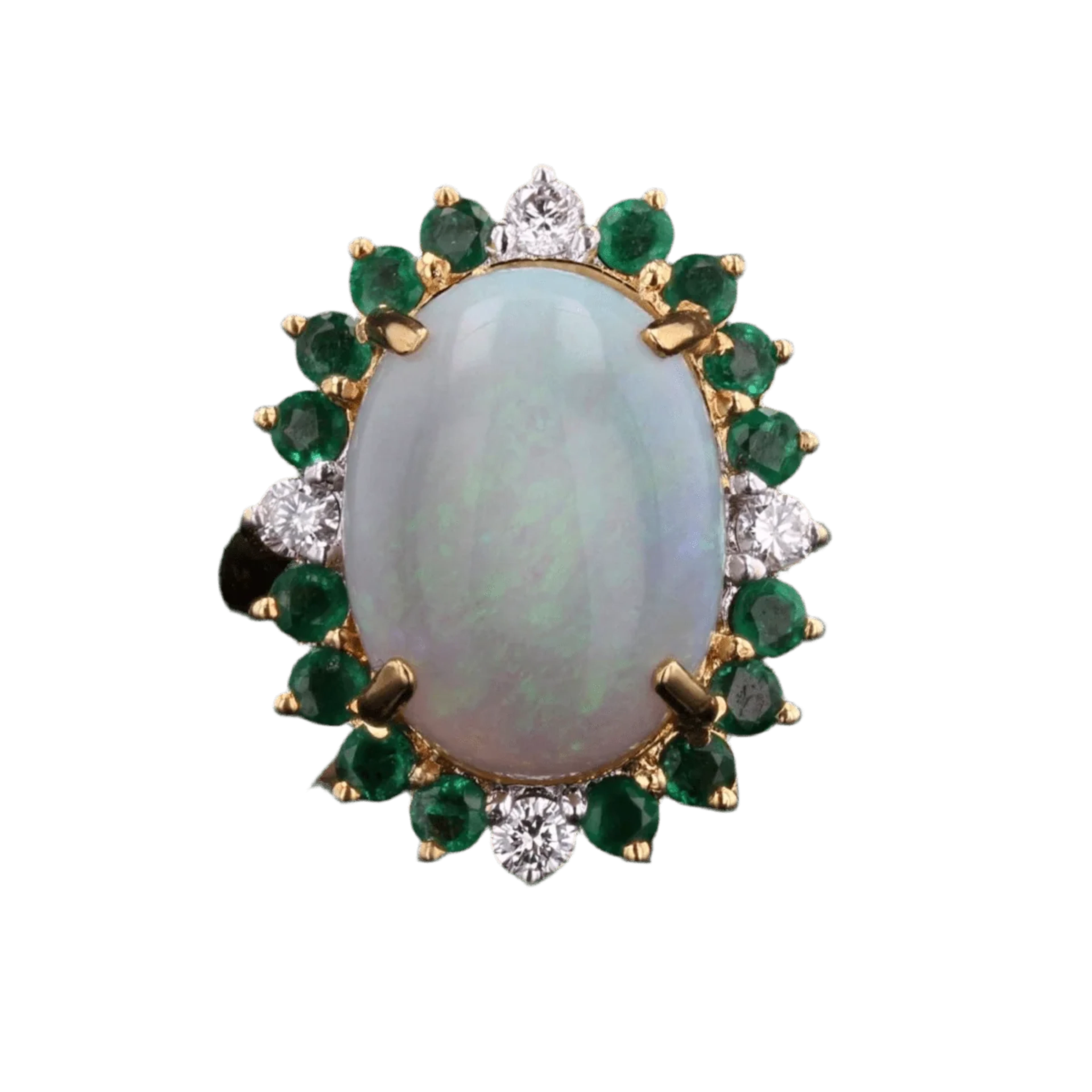 Entourage ring in yellow gold, opal, emeralds and diamonds