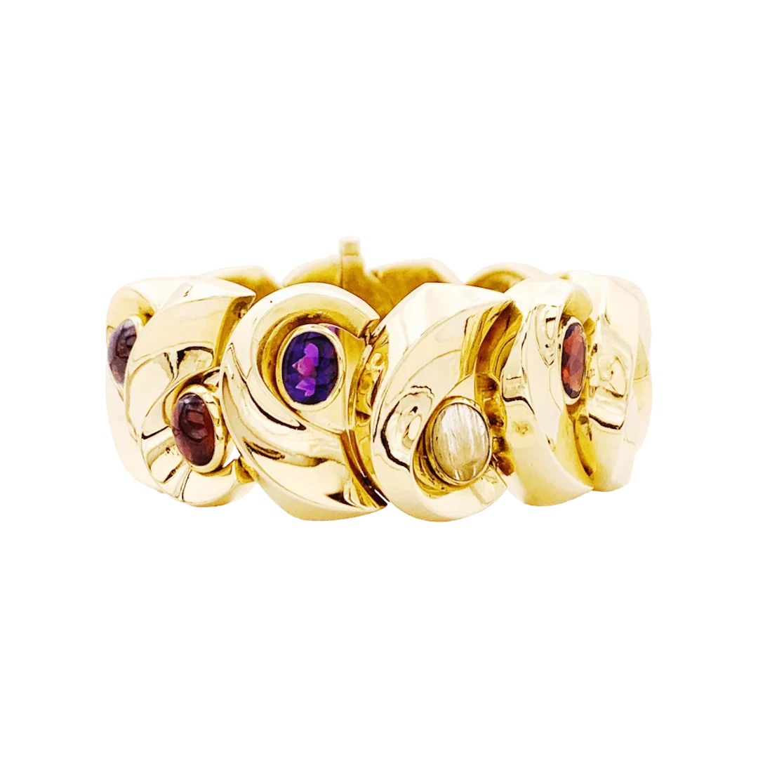 Bracelet Tank in Yellow gold, Amethyst, Garnets and Quartz
