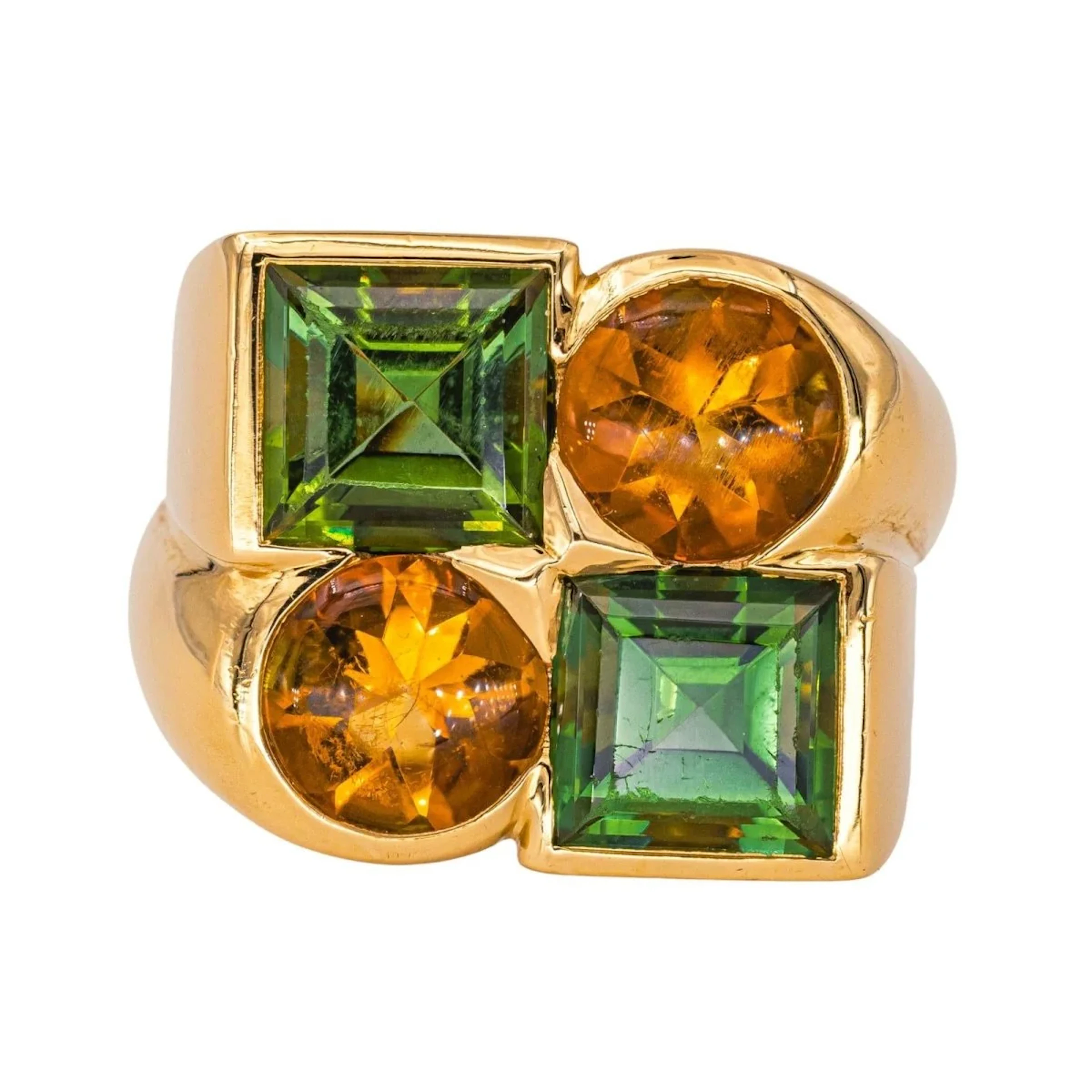 Cocktail ring in yellow gold, peridot and citrine