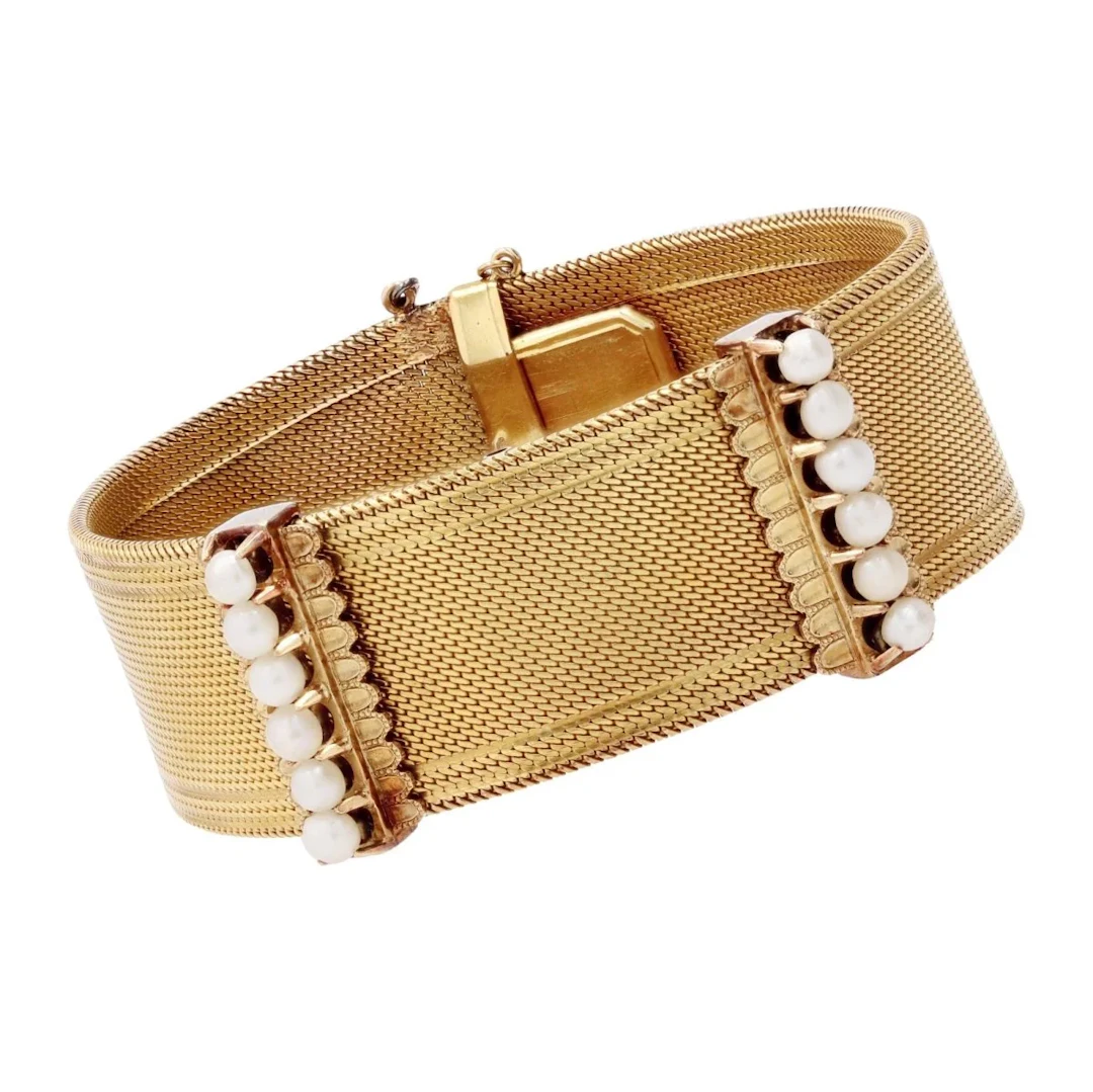 Yellow Gold Cuff Bracelet with Pearls