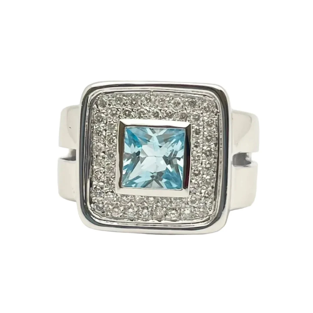 White Gold Signet Ring with Topaz and Diamonds