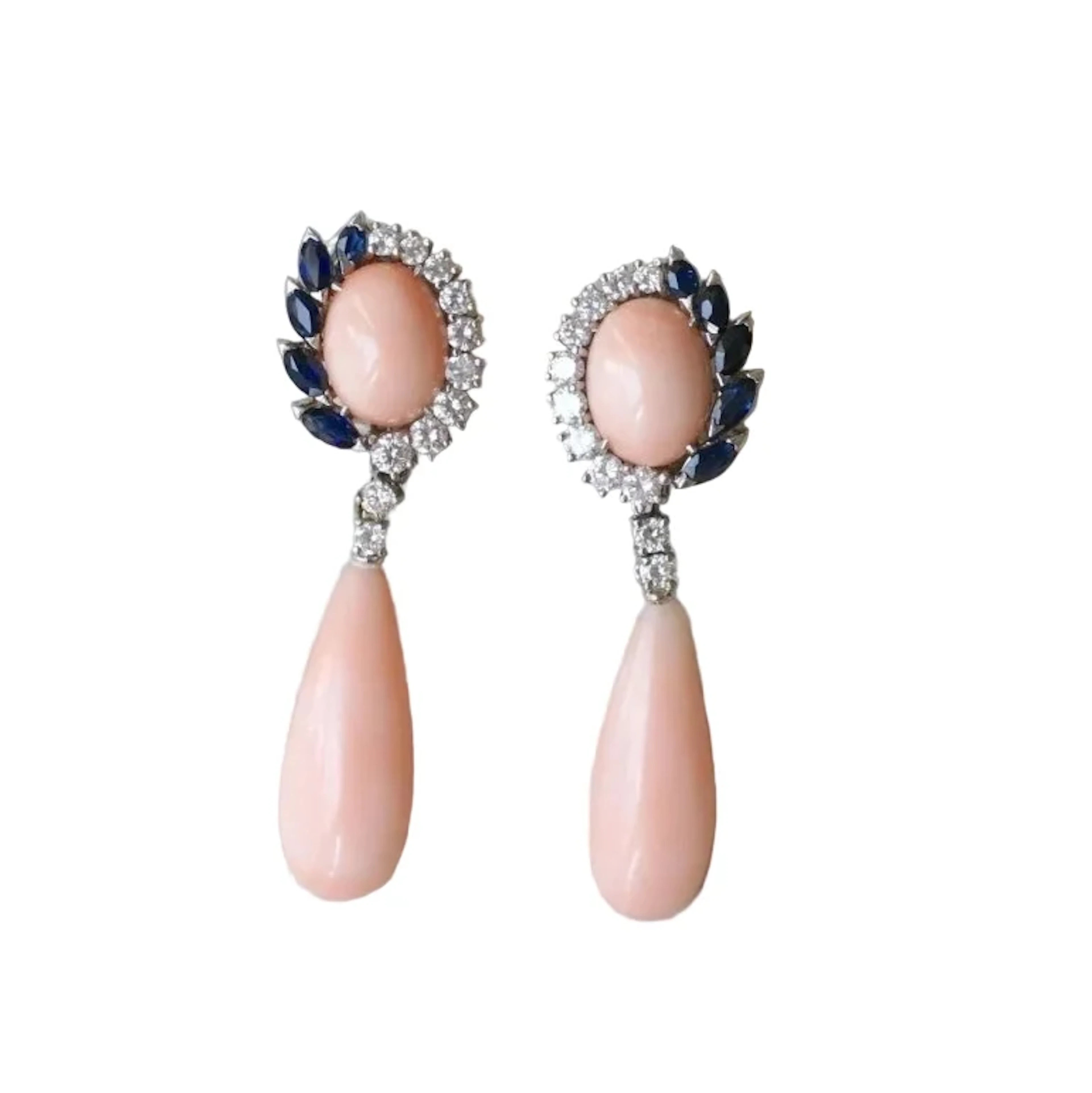 Earrings Coral Peau d'Ange diamonds White Gold Sapphires