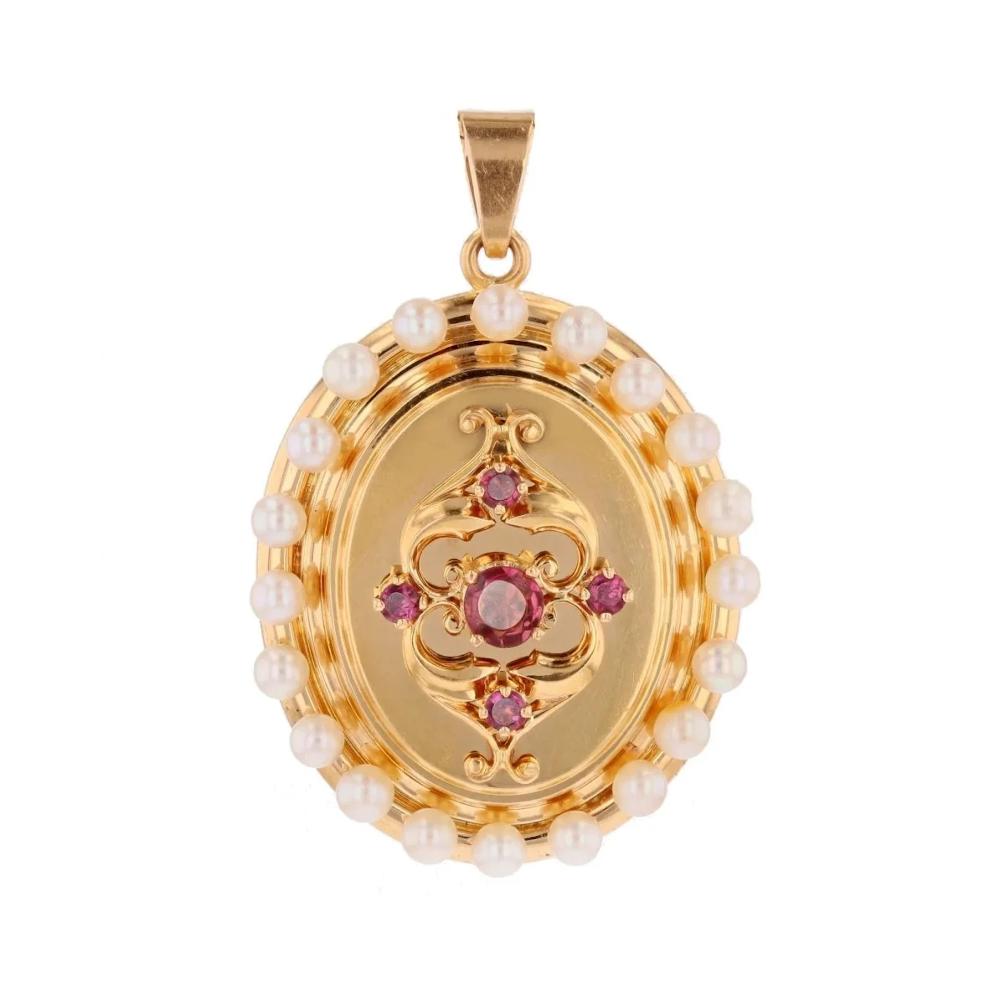 Yellow gold pendant with pearls and garnets