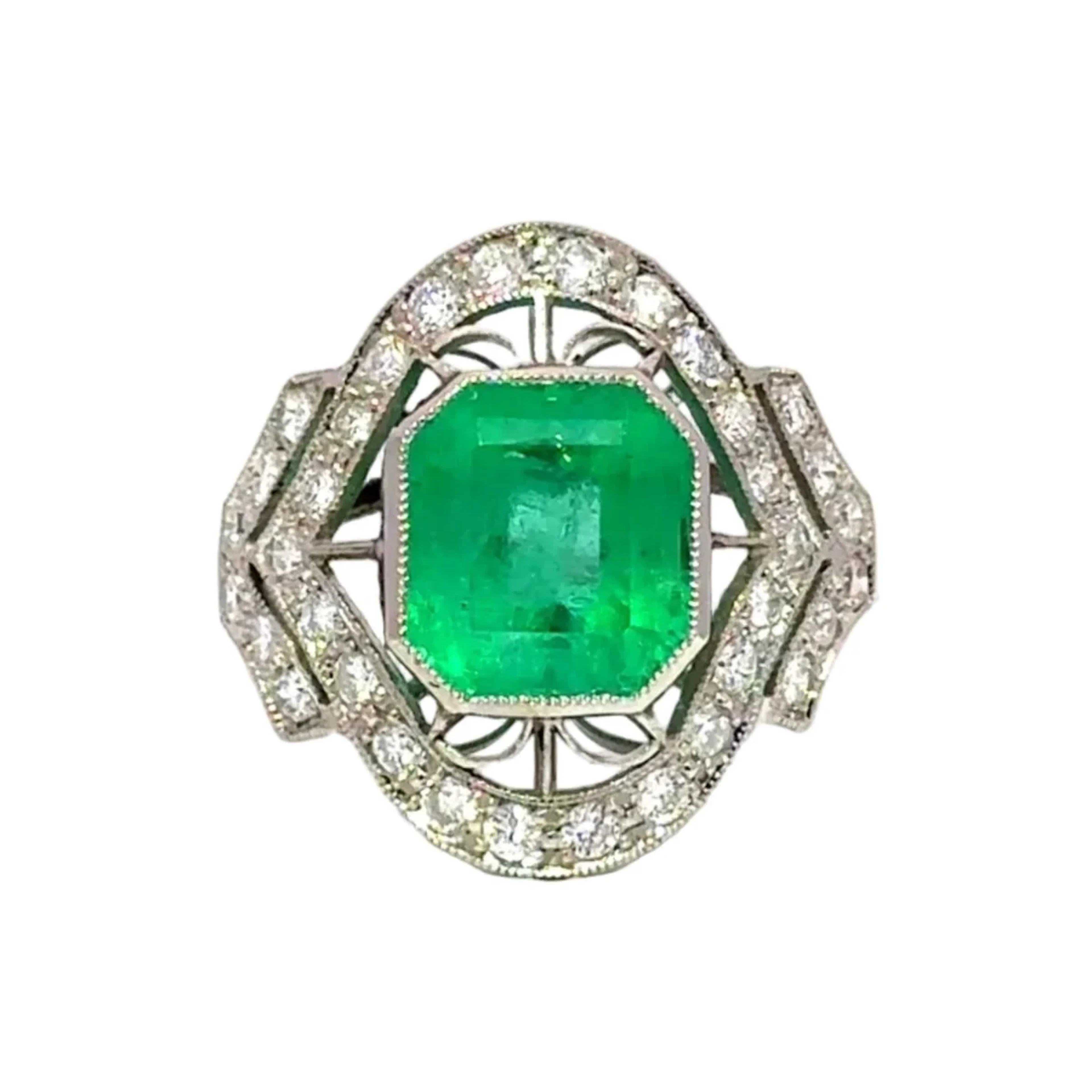 Art Deco "Entourage" Ring in Platinum, Emerald, and Diamonds