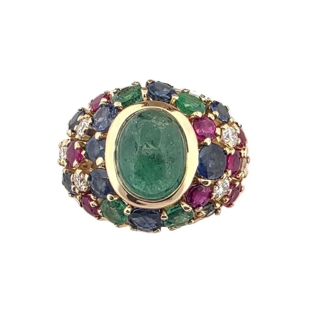 Ring Dome in yellow gold, emeralds, sapphires, rubies and diamonds
