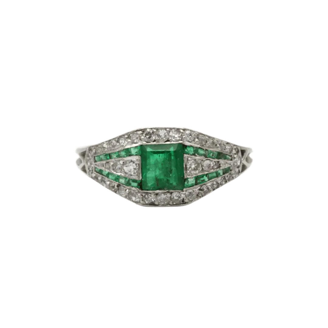 Platinum, emerald and diamond garter ring