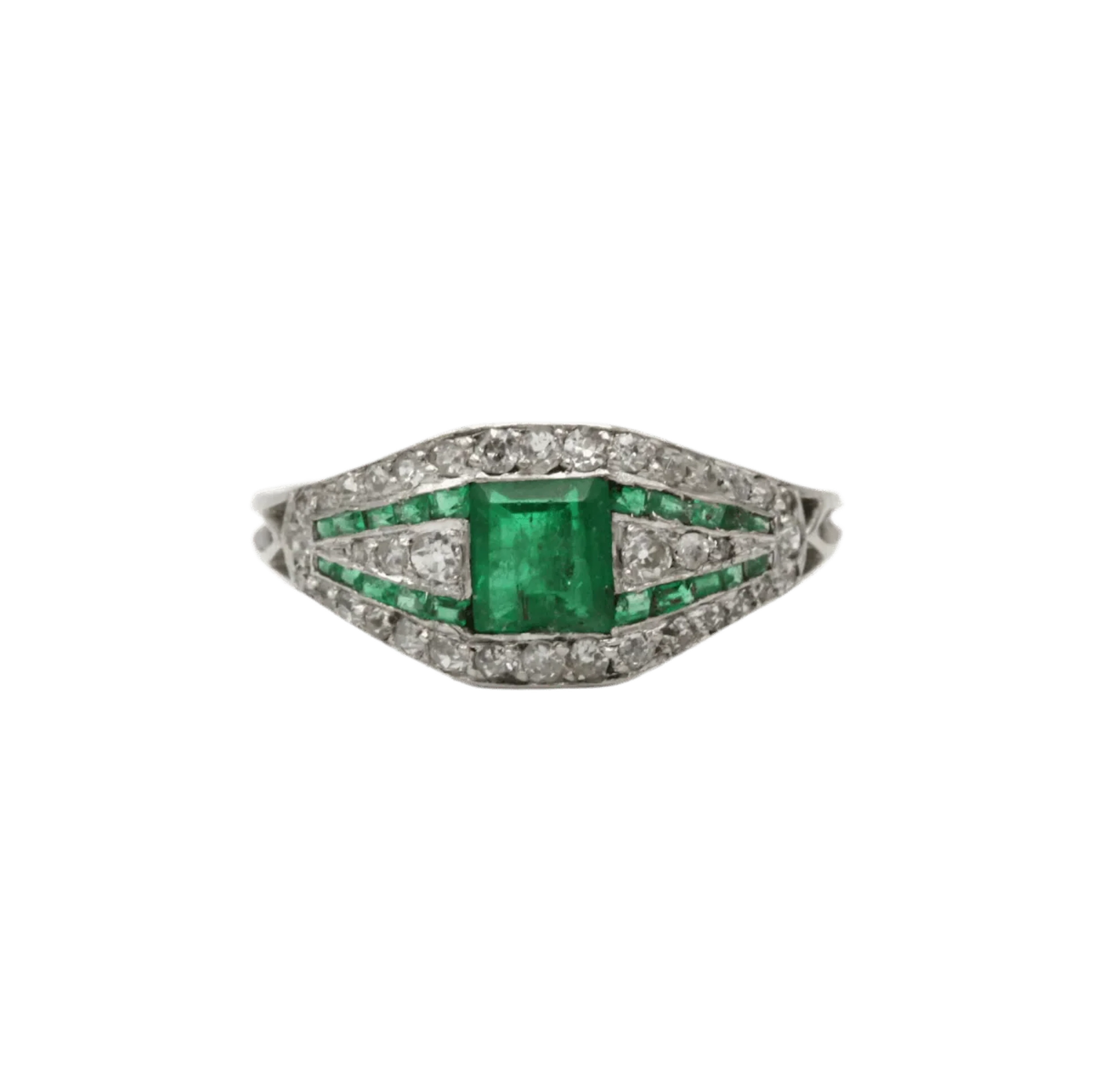 Platinum, emerald and diamond garter ring