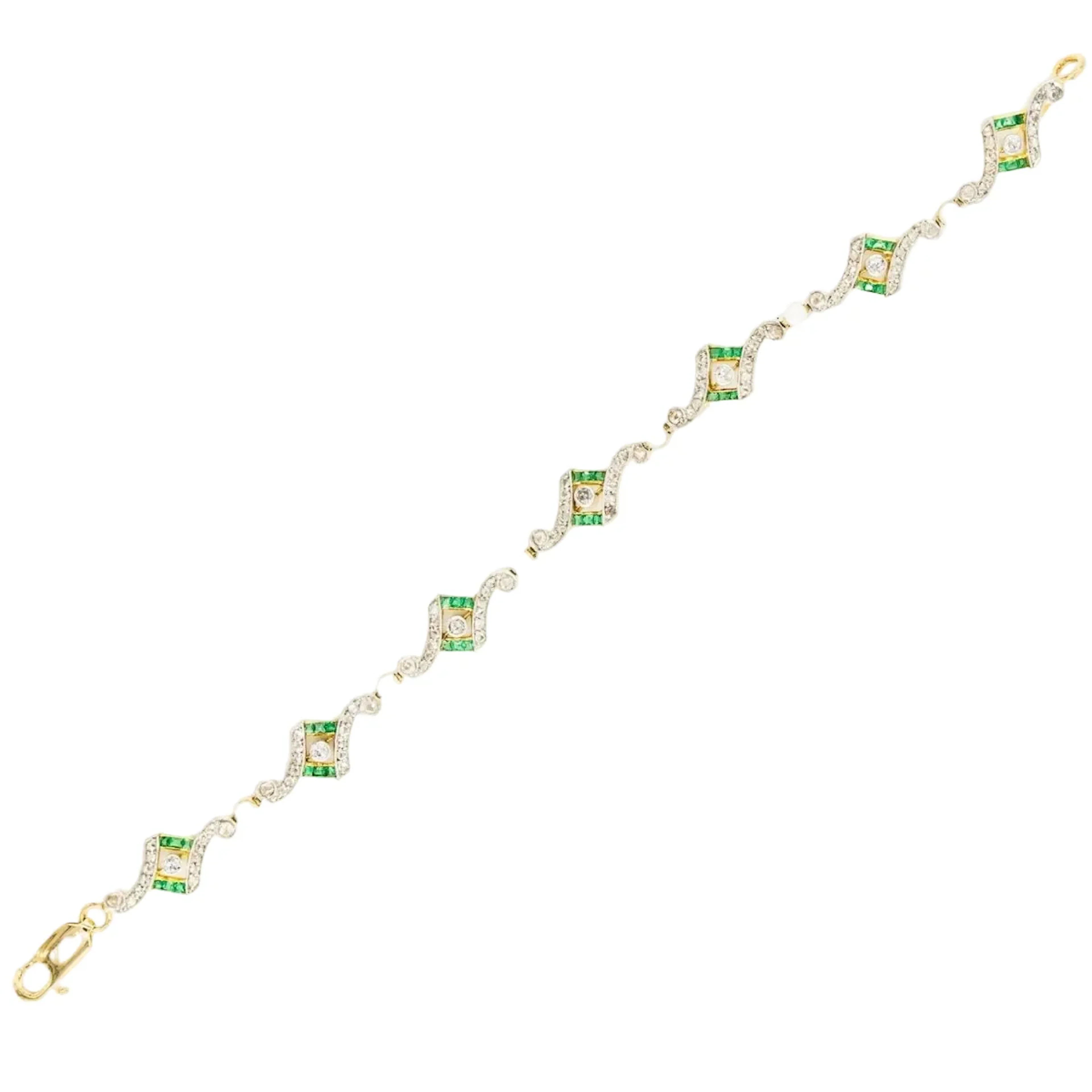 Art Deco bracelet in yellow gold, platinum, pearls, emeralds, and diamonds