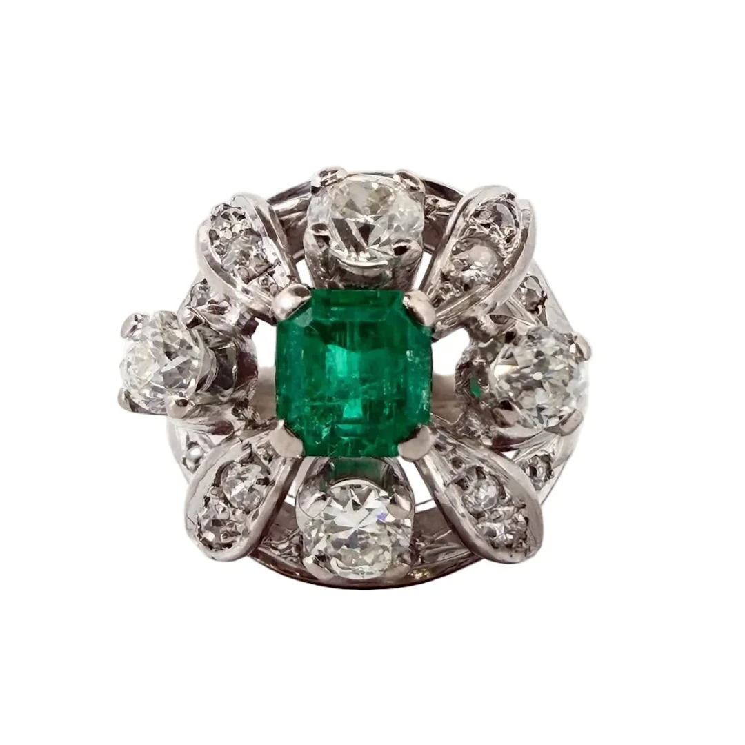 Cocktail Ring in Platinum, Emerald, and Diamonds