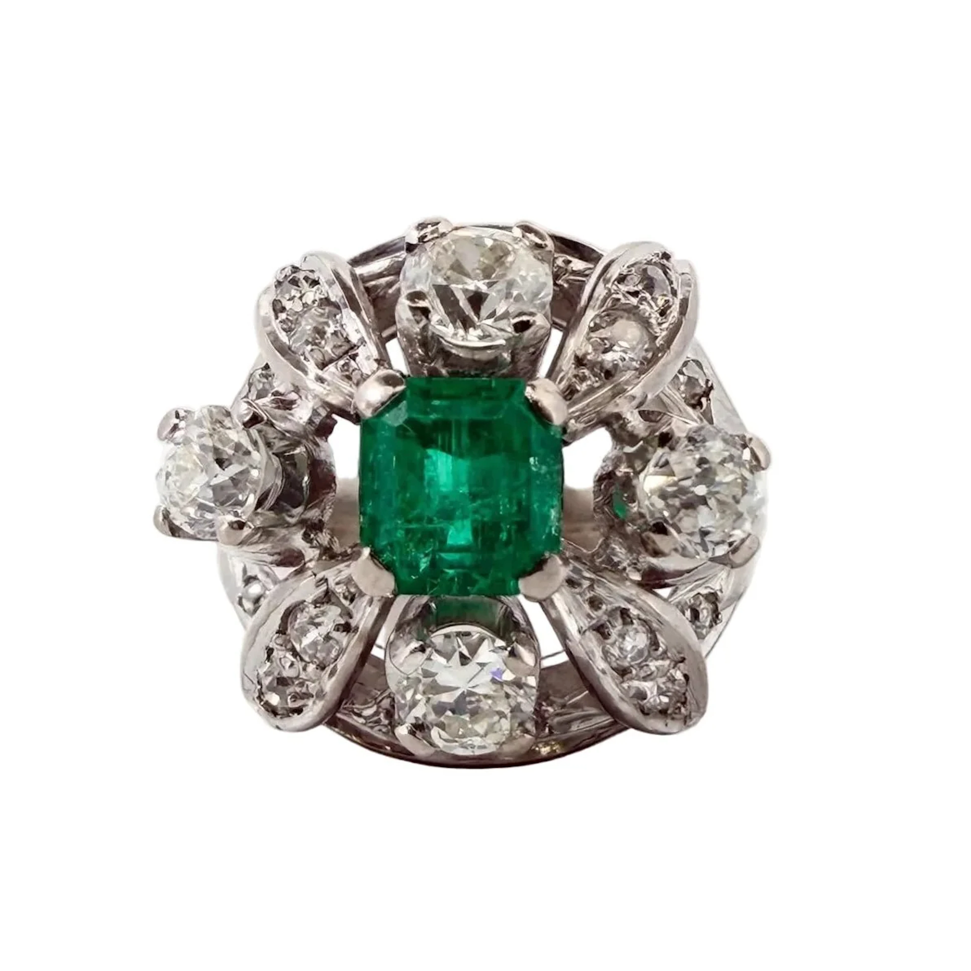 Cocktail Ring in Platinum, Emerald, and Diamonds