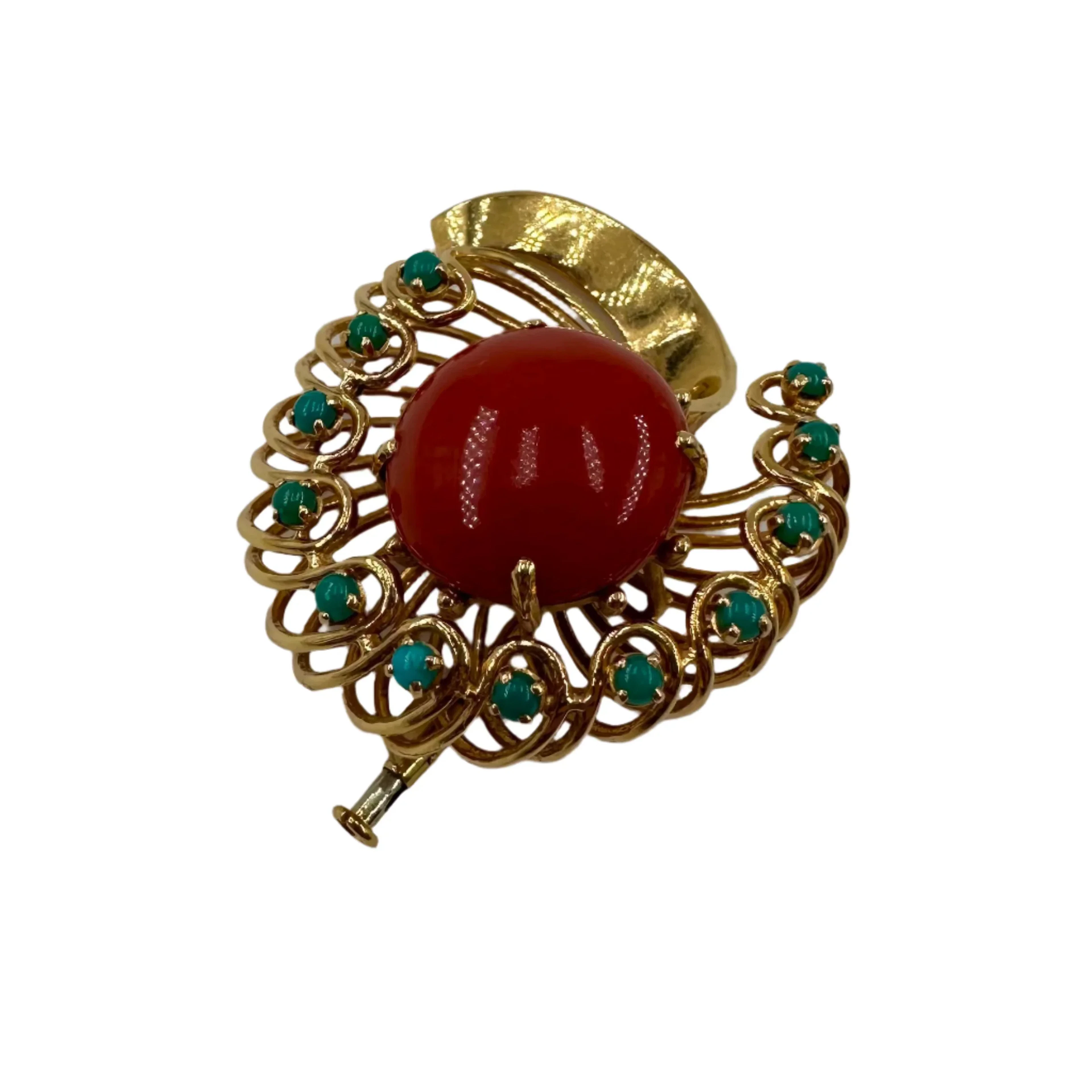 Flower brooch in yellow gold, coral and turquoises