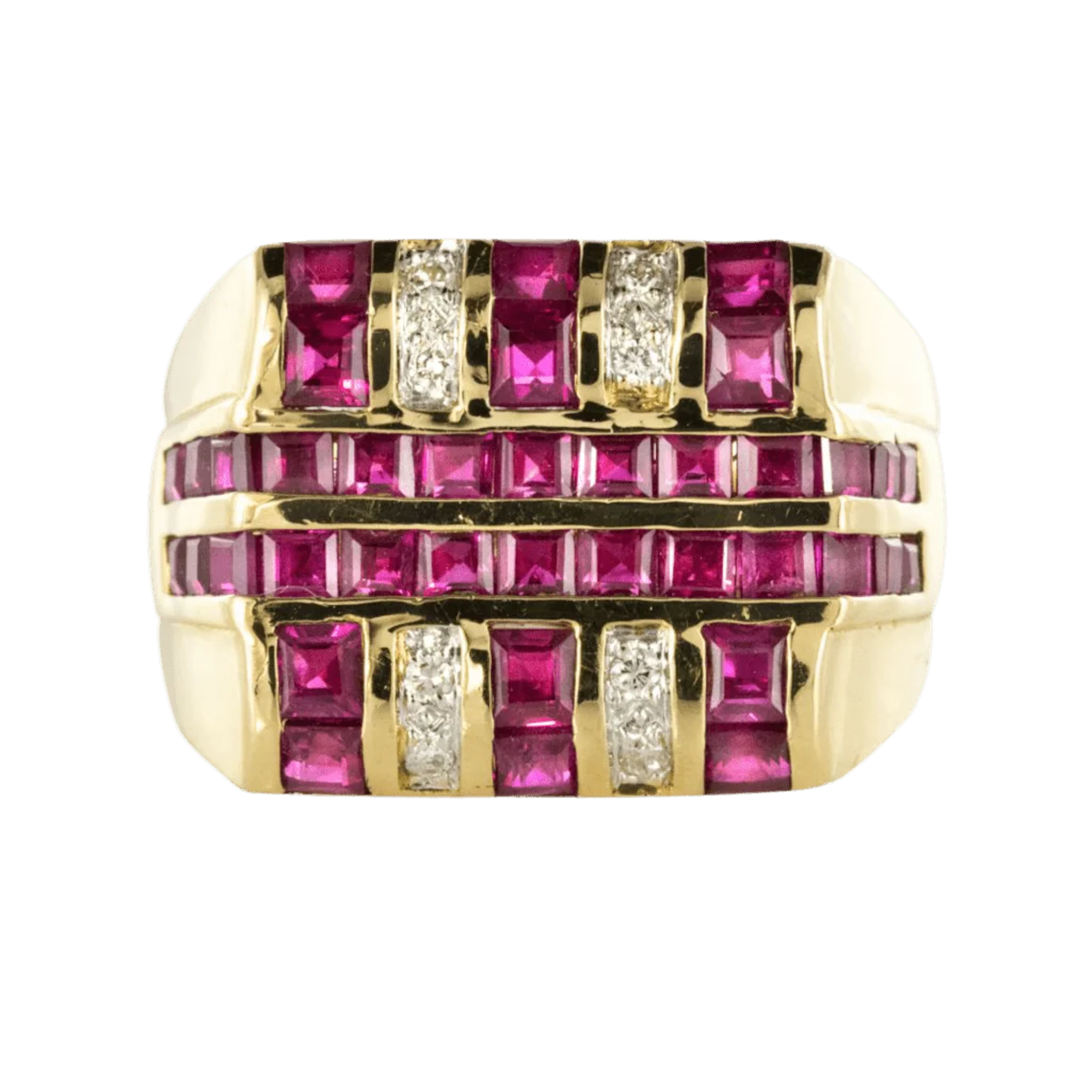 Signet ring in yellow gold, rubies and diamonds