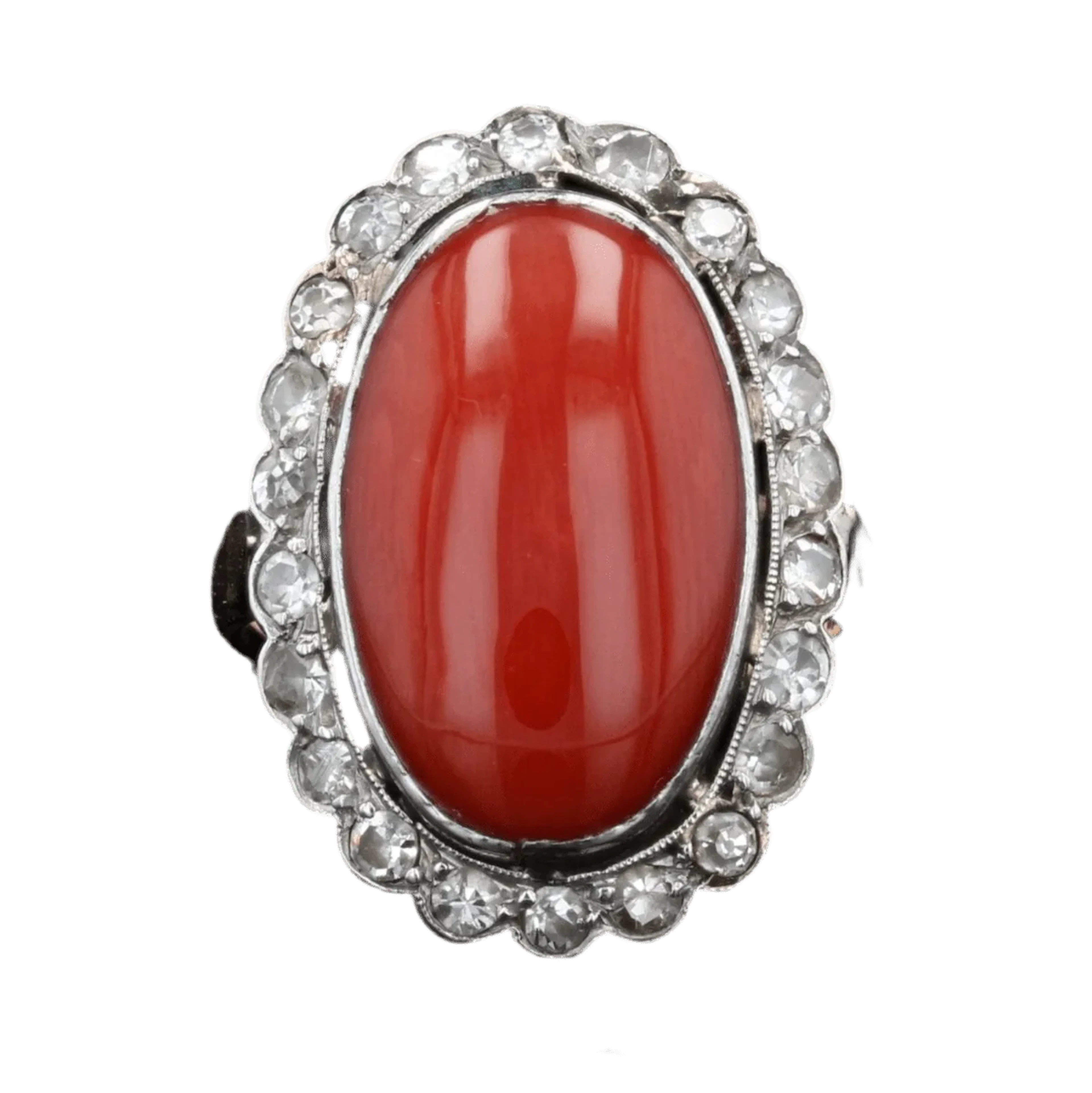 Pompadour ring in yellow gold, platinum, coral and diamonds