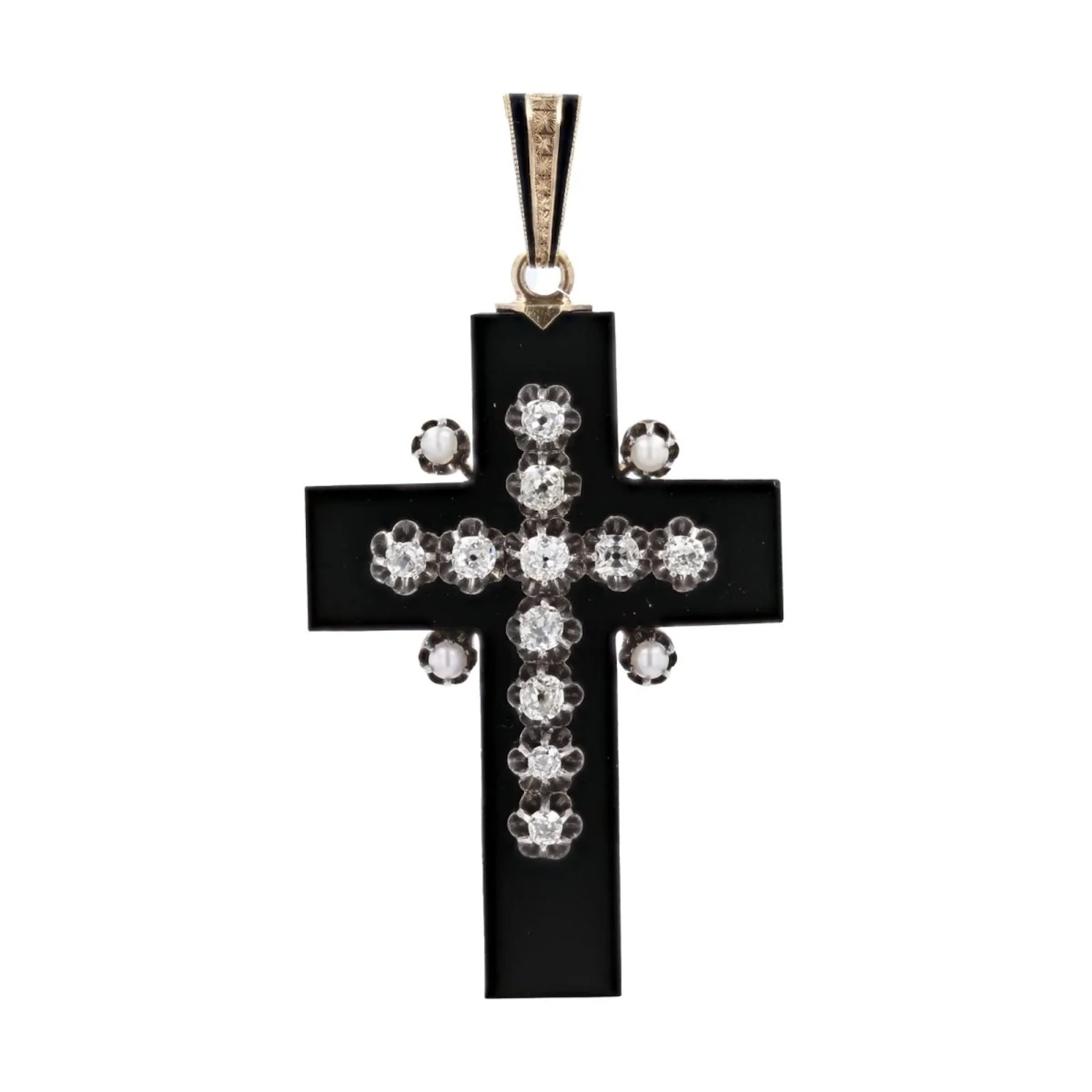 Pendant in yellow gold, silver, onyx, pearls and diamonds