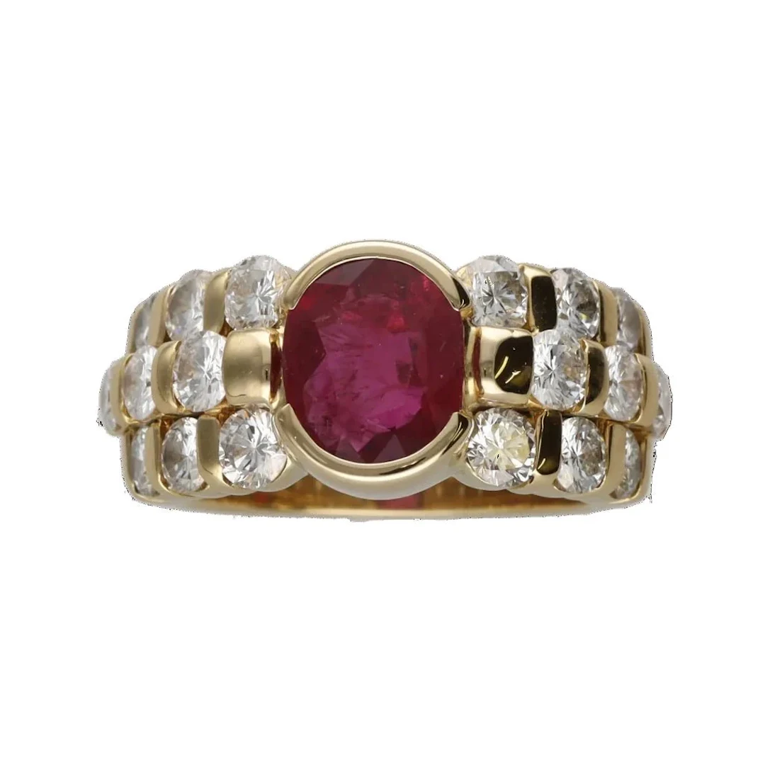 Trilogy Ring in Yellow Gold, Ruby, and Diamonds
