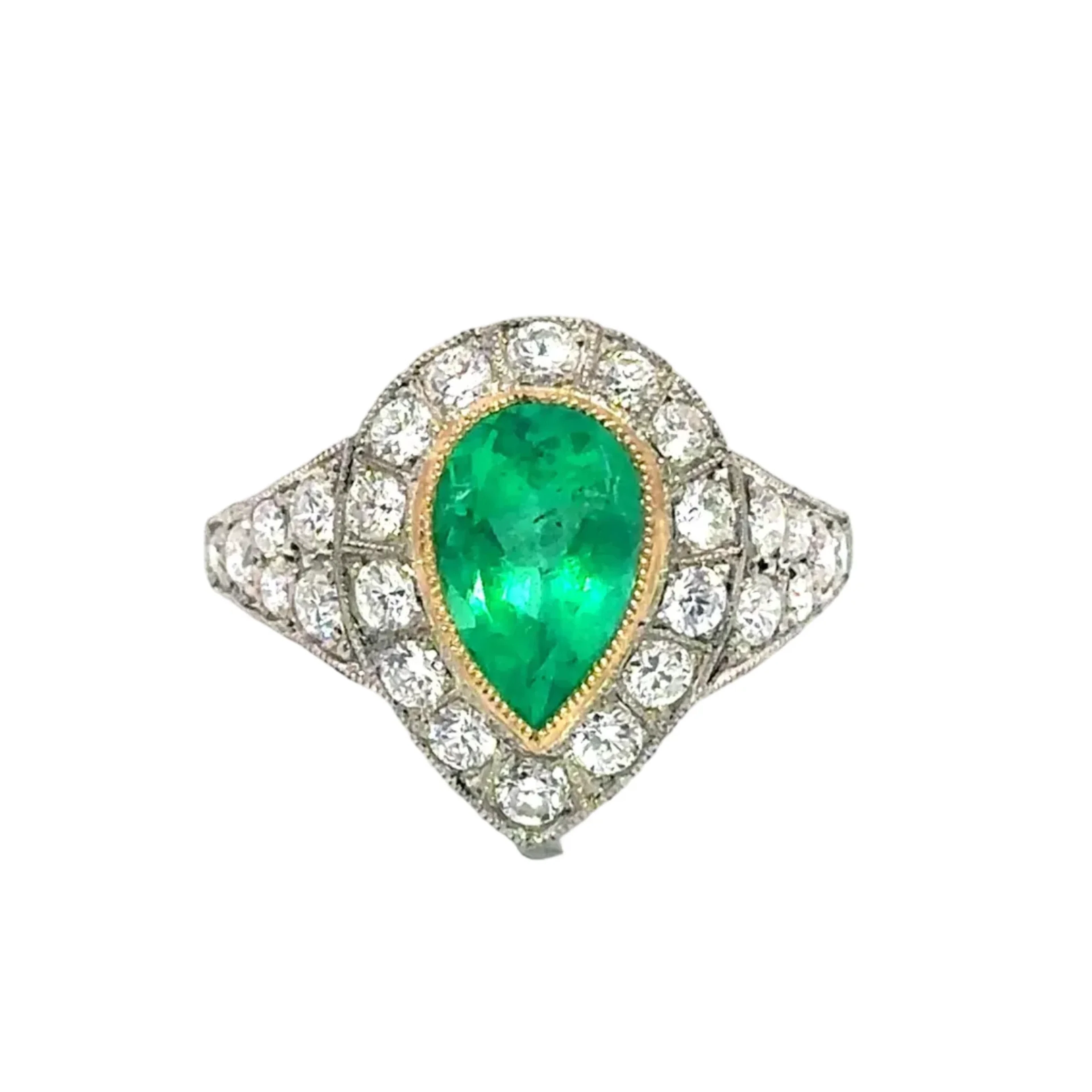 Cocktail Ring in Yellow Gold, Platinum, Emerald, and Diamonds