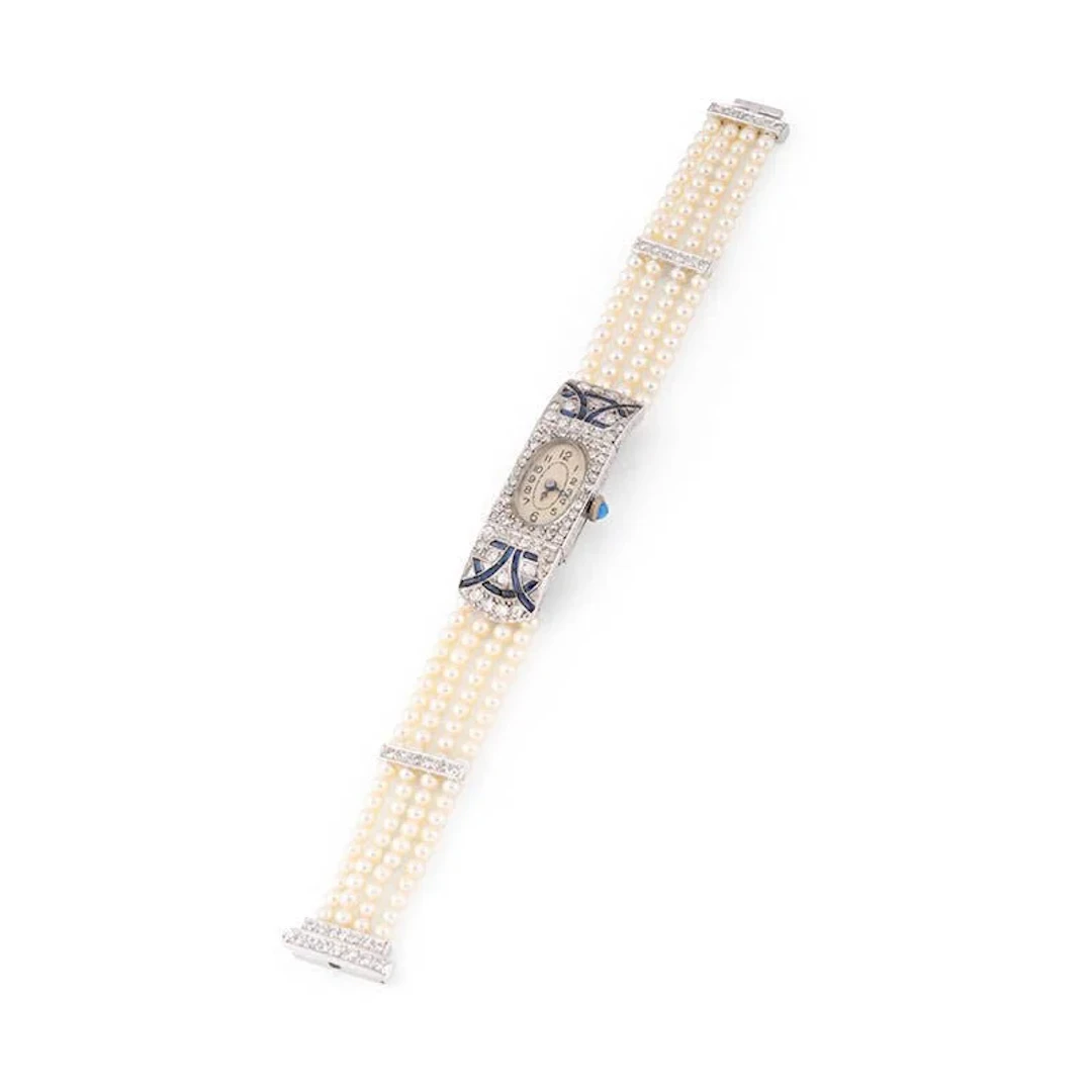 Art Deco lady's watch in white gold, pearls, sapphires and diamonds